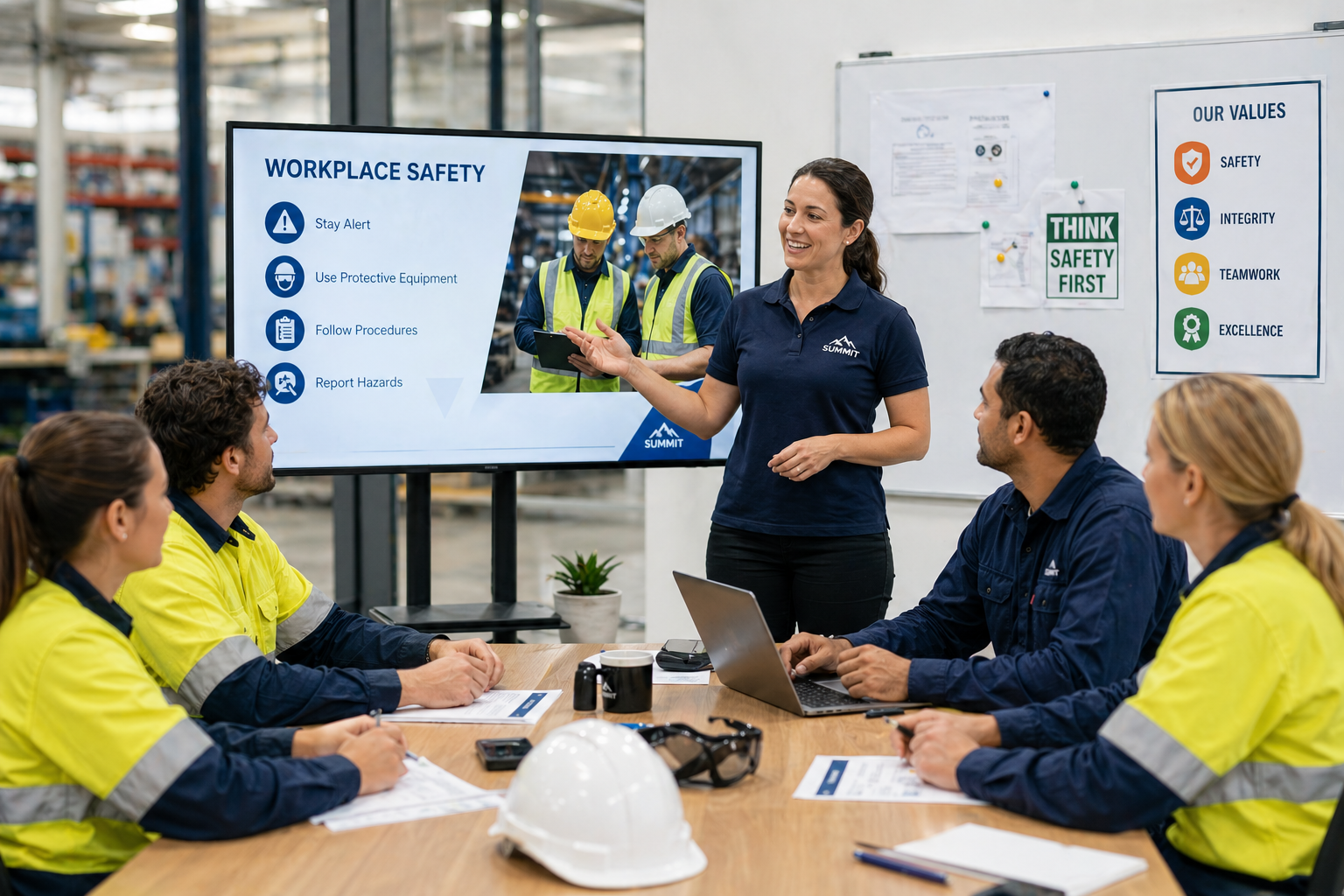 A woman presents workplace safety guidelines to a group of five employees in safety vests and uniforms in a manufacturing facility conference room.