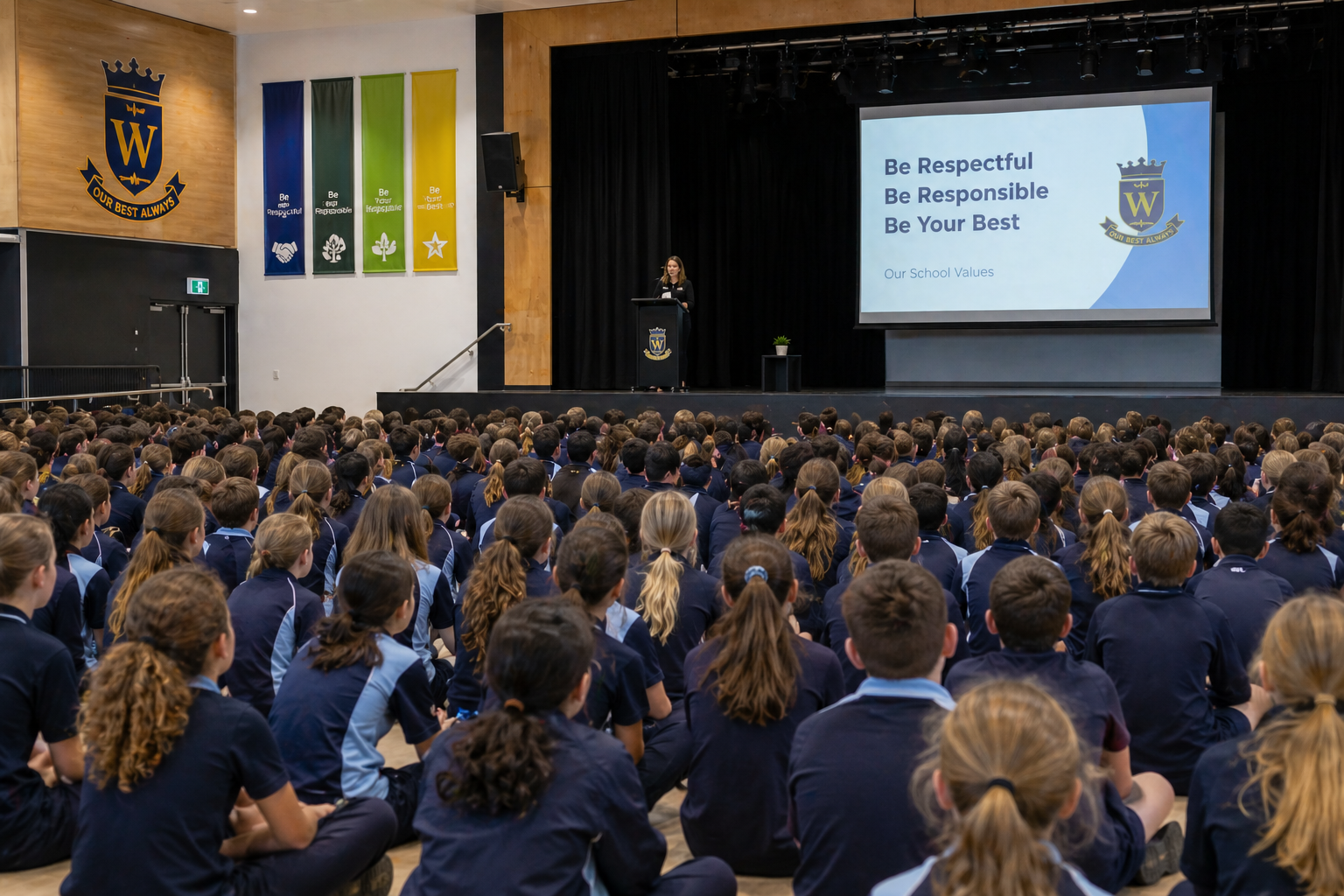 A large group of students sitting on the floor of a school auditorium listening to a female speaker at a podium. The presentation slide behind her displays school values: 'Be Respectful, Be Responsible, Be Your Best' and the school's emblem.