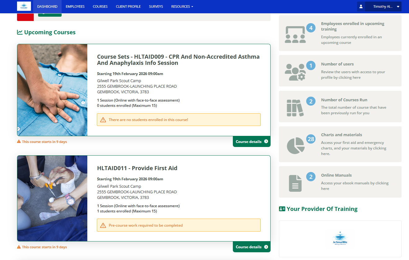 Screenshot of an online training platform displaying upcoming courses for CPR, asthma, anaphylaxis, and first aid at Gilwell Park Scout Camp in Gembrook, Victoria, with details about course start dates and enrollment status.