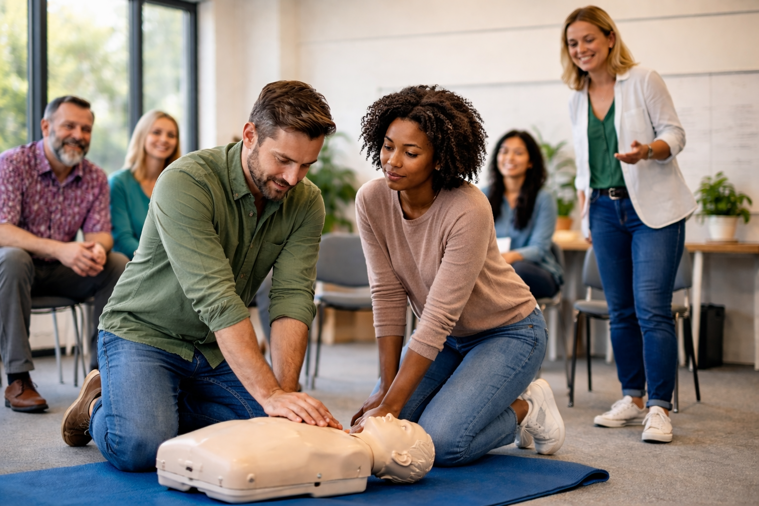 People participating in CPR training with a man and a woman practicing on a mannequin, while others observe and an instructor demonstrates.