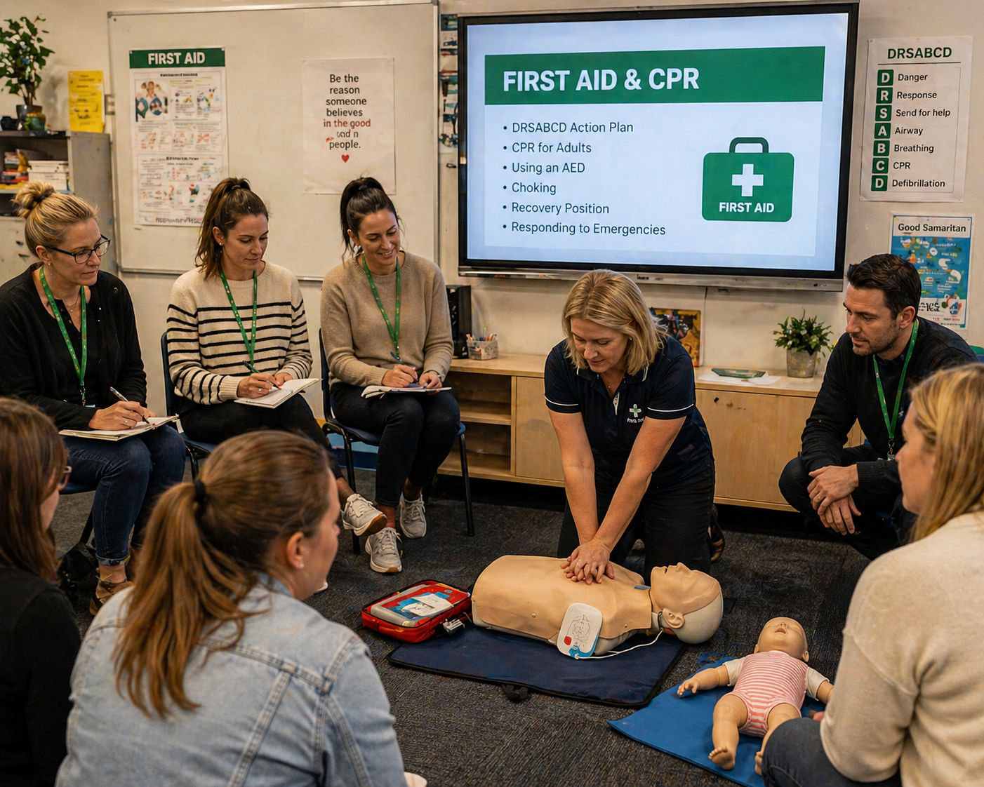 A first aid and CPR training session with a group of people seated on the floor and chairs, a woman demonstrating CPR on a mannequin, and a large screen displaying 'First Aid & CPR' with a list of related topics. There are educational posters on the walls.