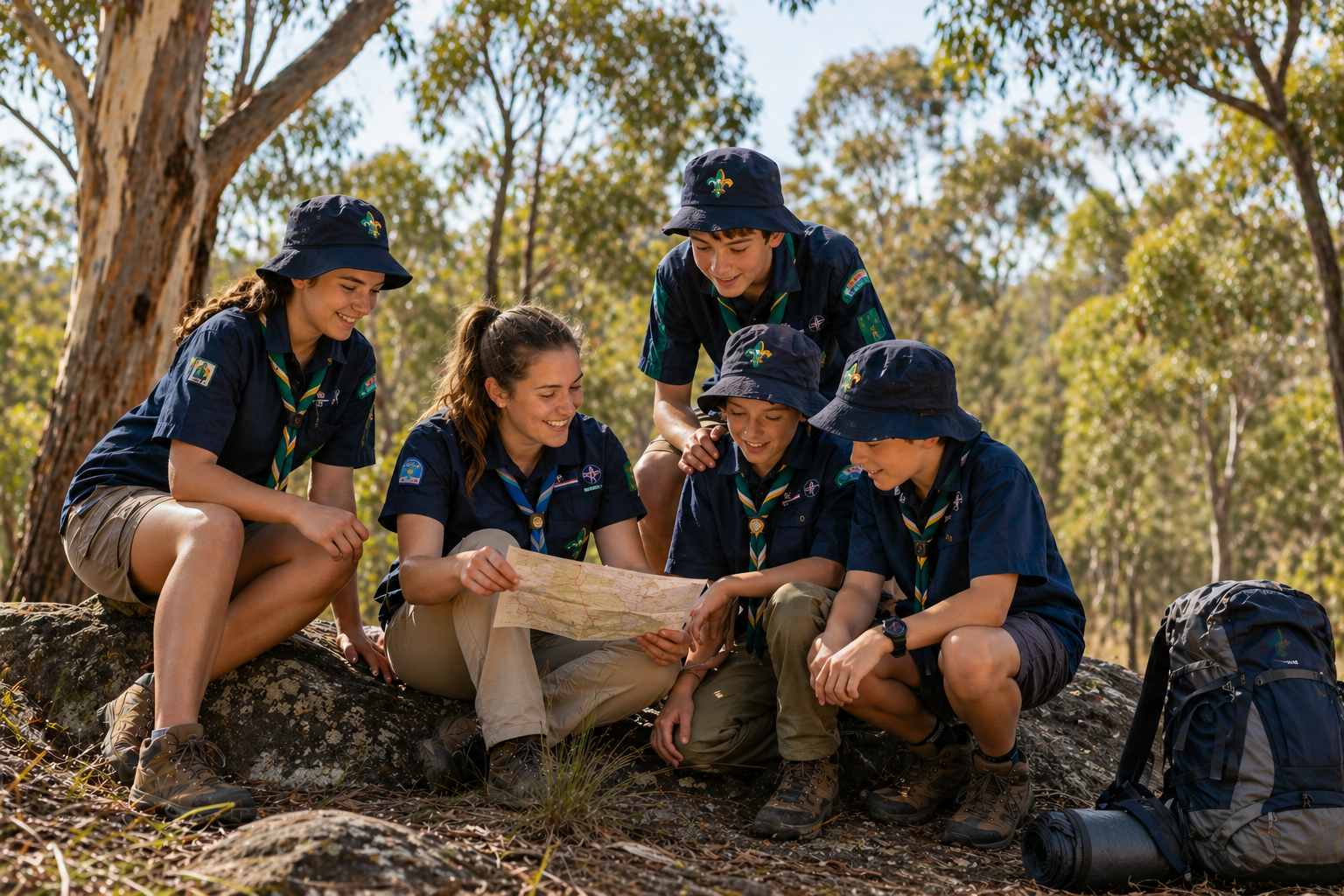 A group of six scouts in uniform, including blue hats and neckerchiefs, gathers outdoors around a map, smiling and examining it together on a forest trail.