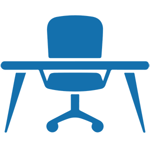 Silhouette of an office desk with a chair, a computer monitor, and a keyboard in blue color