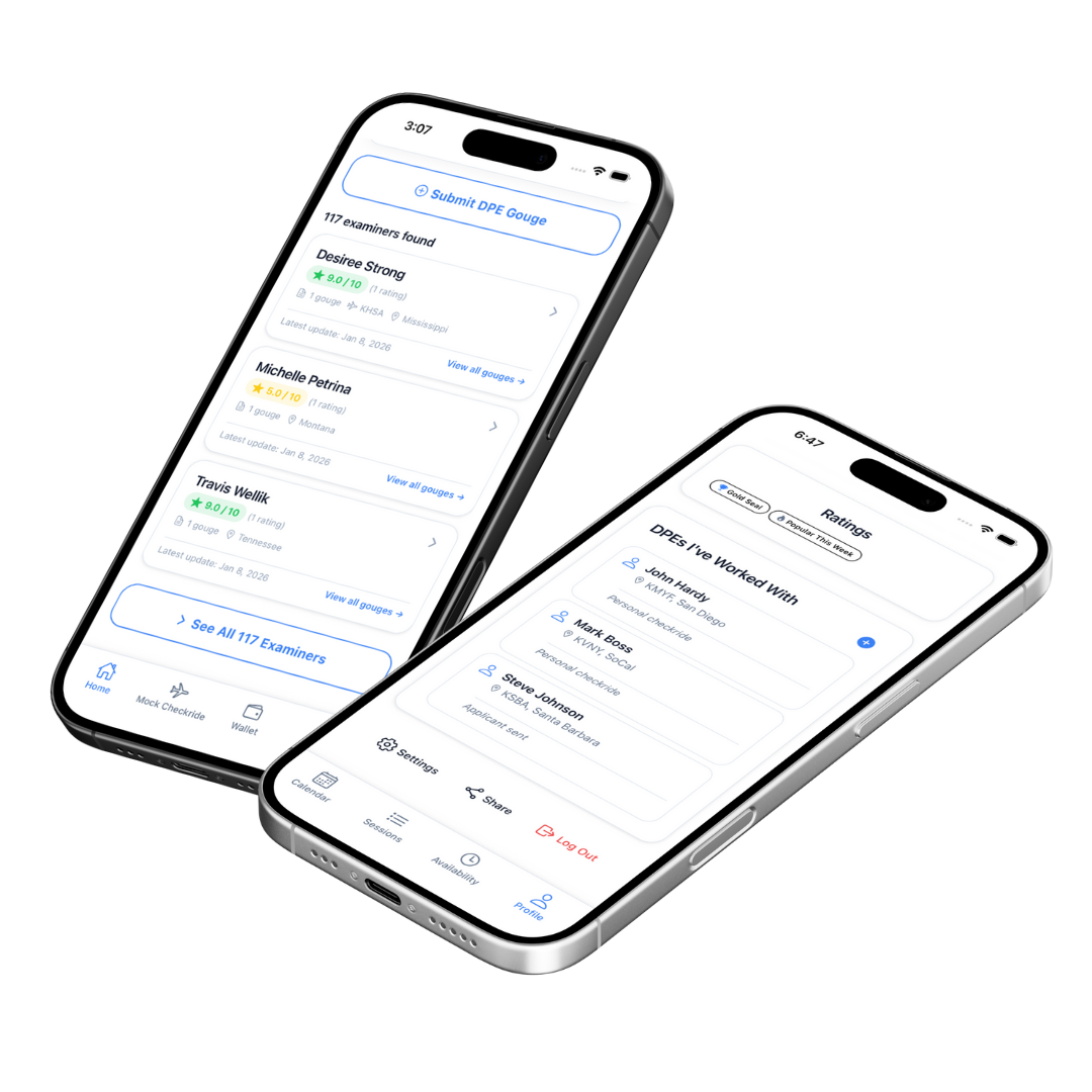 Mobile app displaying Designated Pilot Examiner (DPE) ratings and FAA checkride reviews from student pilots and instructors.