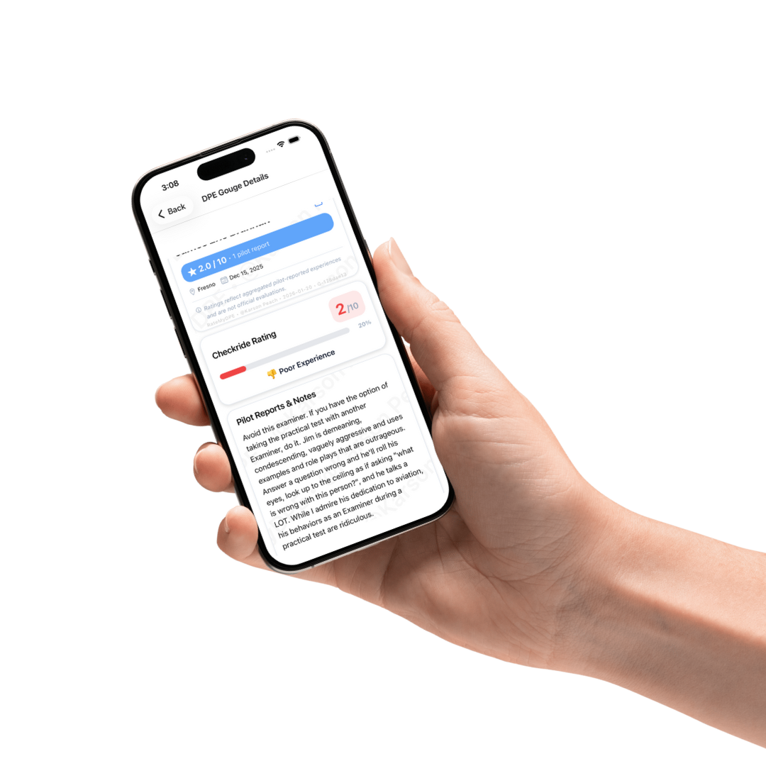 Student pilot reviewing an FAA checkride experience and rating a Designated Pilot Examiner inside an aviation training app.