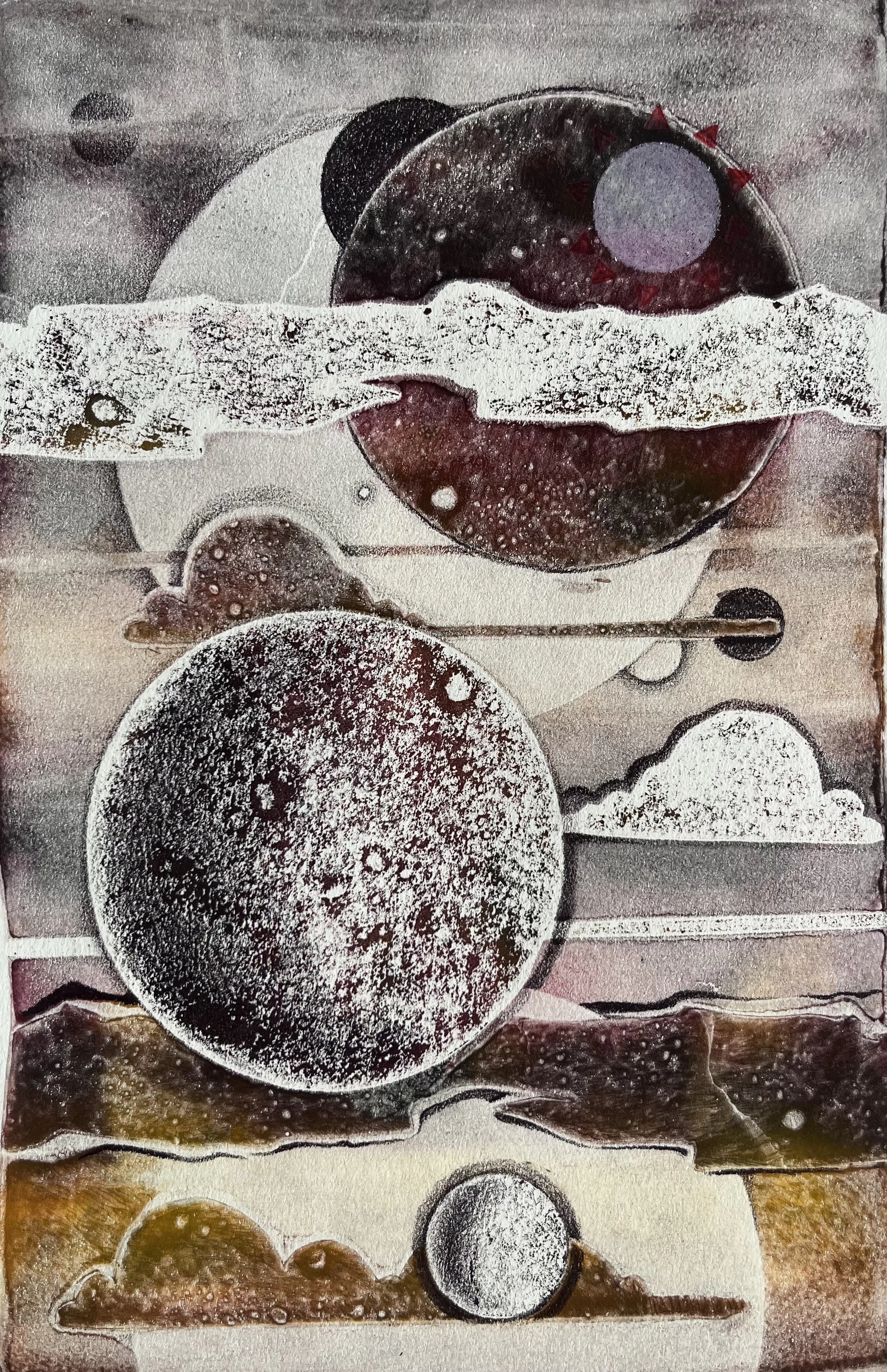 Timescape No.6, mixed media monotype series, 5.5” x 8”, 2025.