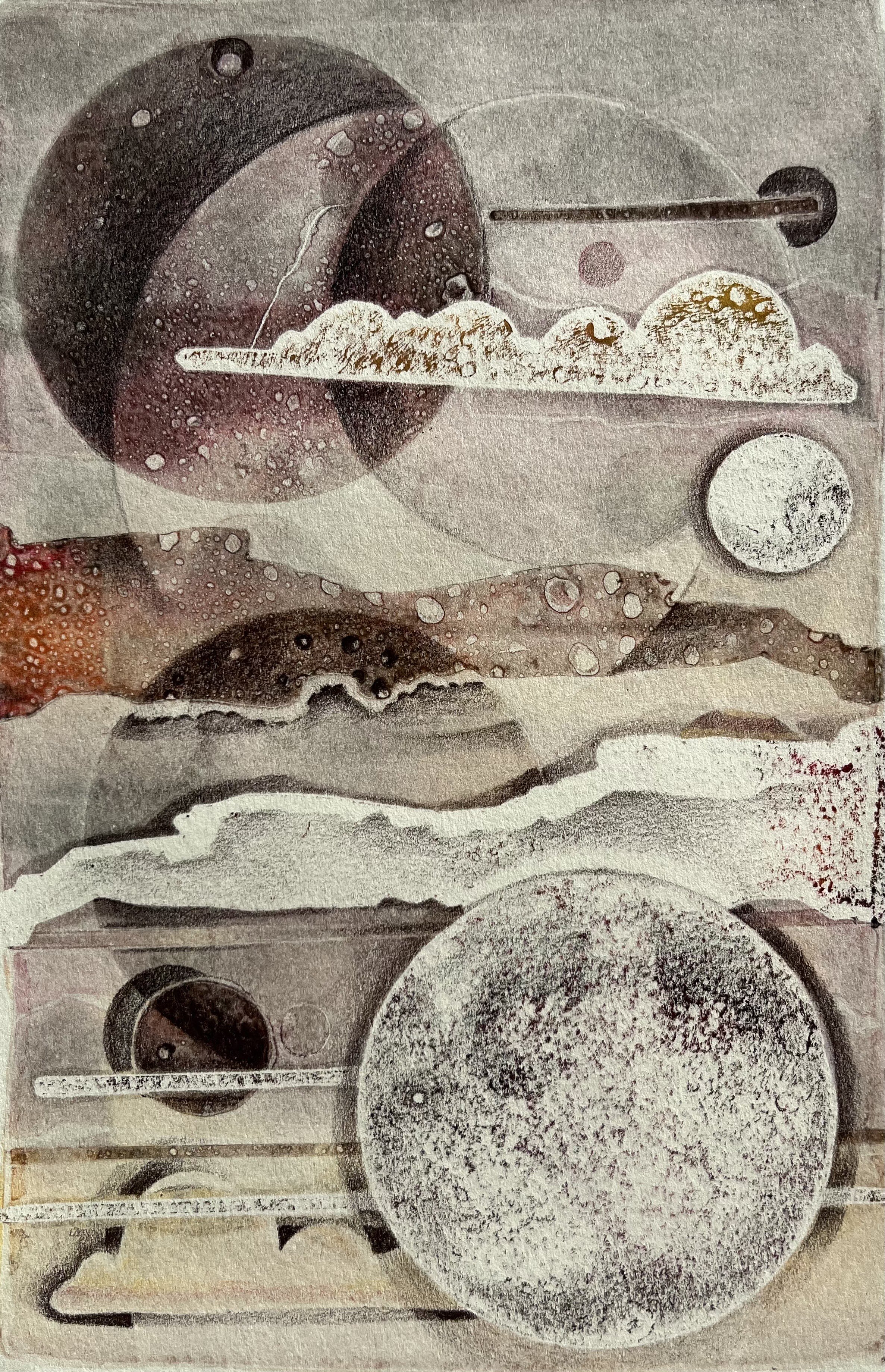 Timescape No.4, mixed media monotype series, 5.5” x 8”, 2025.