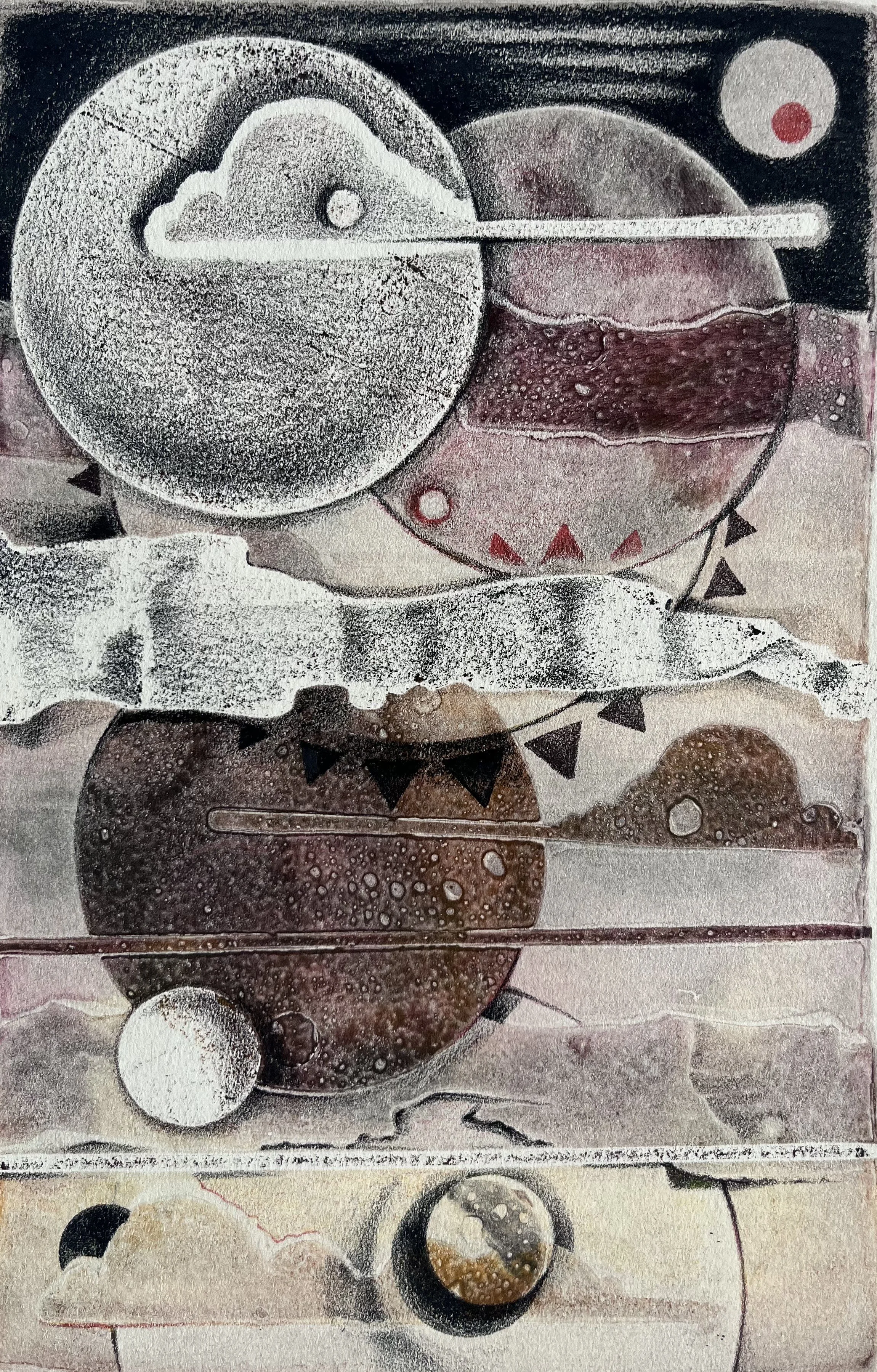 Timescape No.3, mixed media monotype series, 5.5” x 8”, 2025.