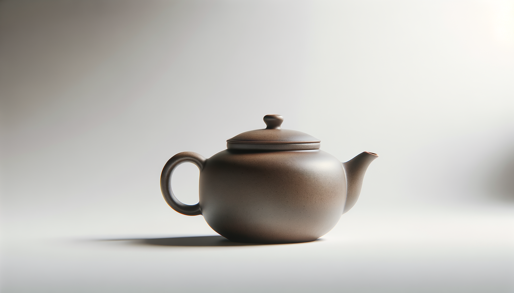A simple, modern, brown ceramic teapot with a round handle, a spout, and a matching lid, placed on a light surface against a plain, neutral background.