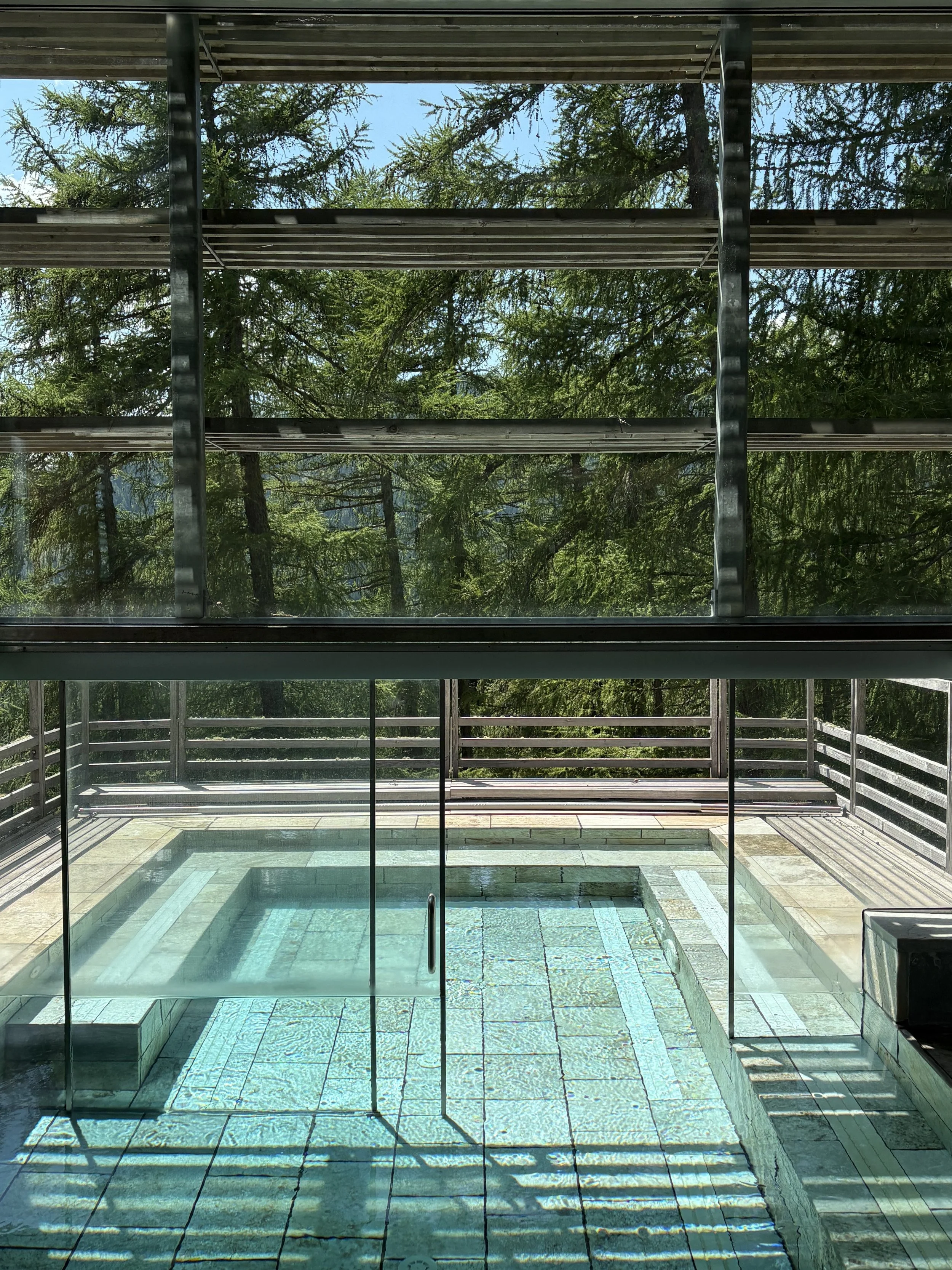 An outdoor glass-enclosed hot tub or small pool with tile lining, surrounded by a wooden deck and railing, overlooking a forested area with trees and blue sky.