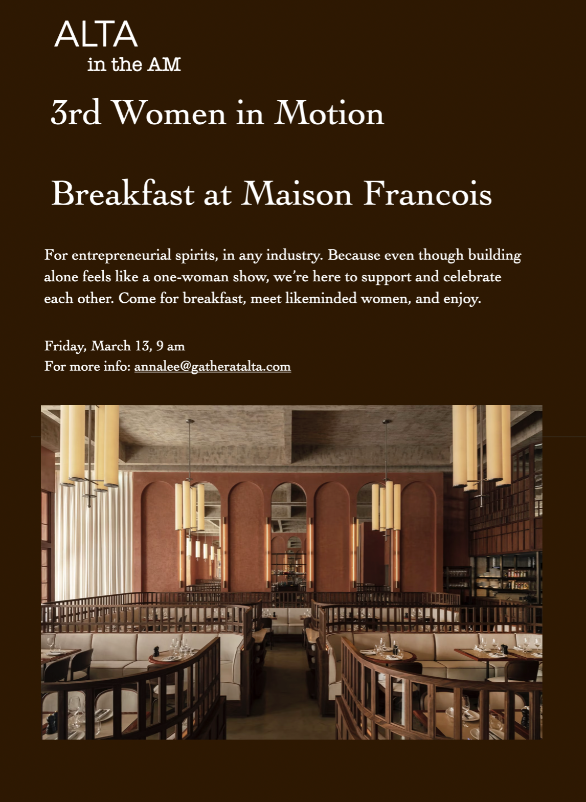 Mar 13, Women in Motion at Maison Francois