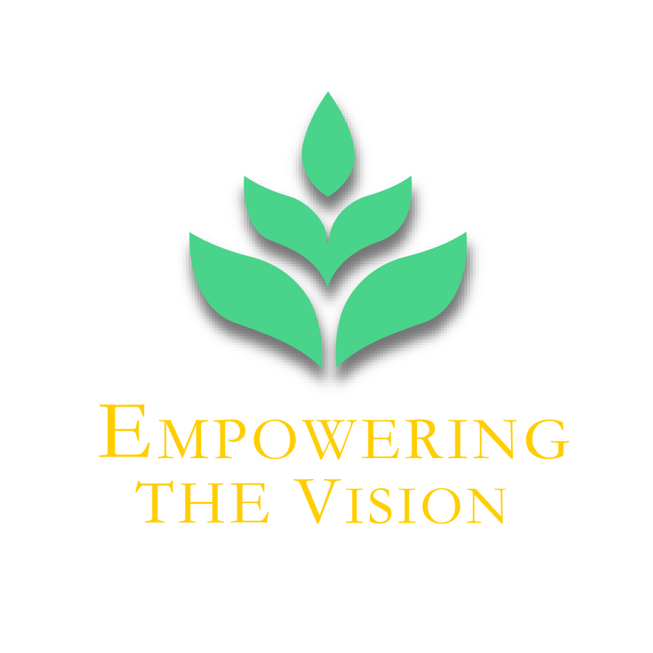 A logo featuring a green stylized plant with three leaves on a black background, with the text "Empowering the Vision" in yellow below the plant.