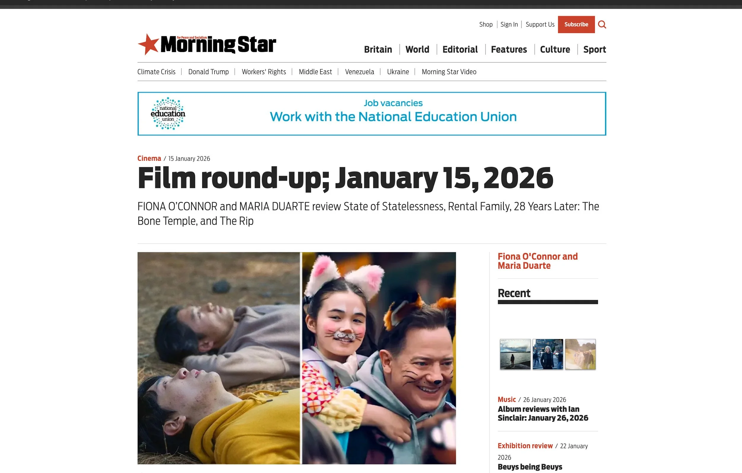 Screenshot of the Morning Star news website with an article titled "Film round-up; January 15, 2026". The page features a photo of two people lying on the ground next to a person with a dog costume. The website header includes navigation links and a banner advertisement.