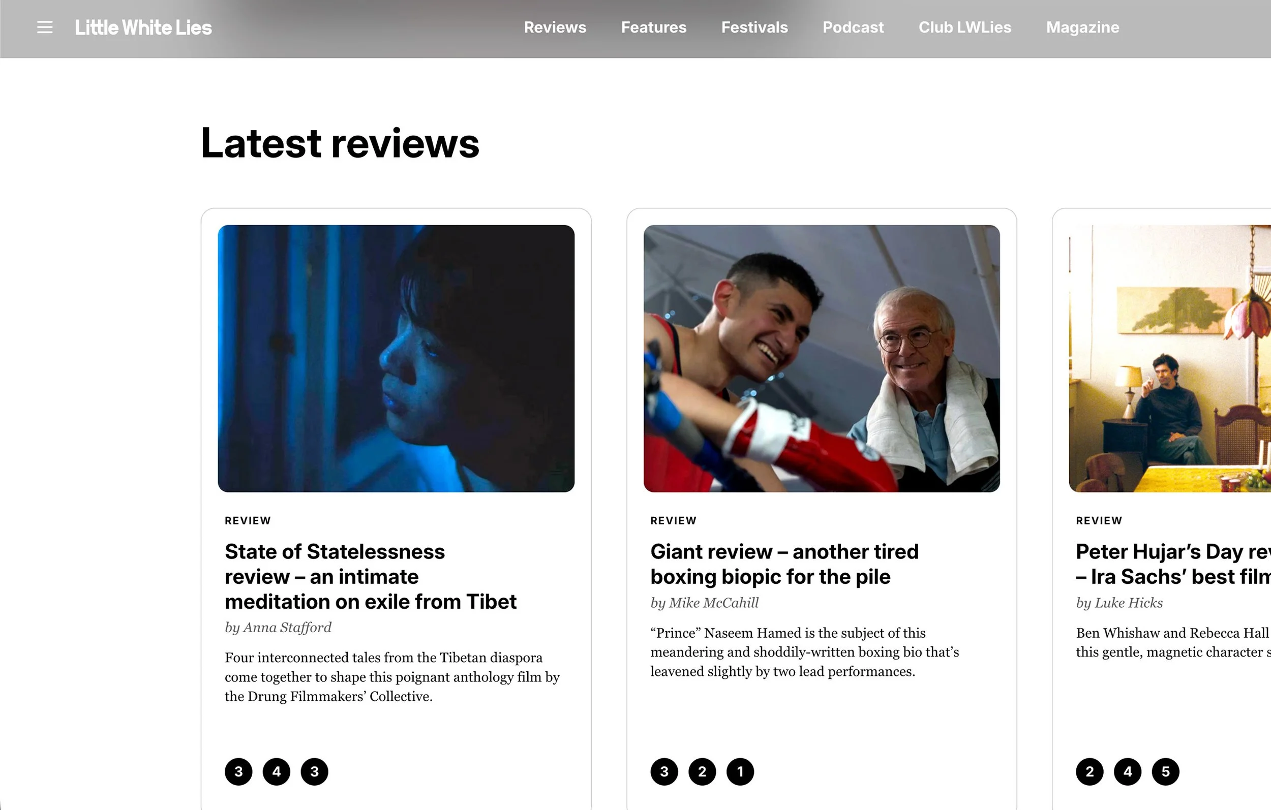 Screenshot of a website titled "Little White Lies" showcasing recent reviews of films, with headshots and brief descriptions of each review.