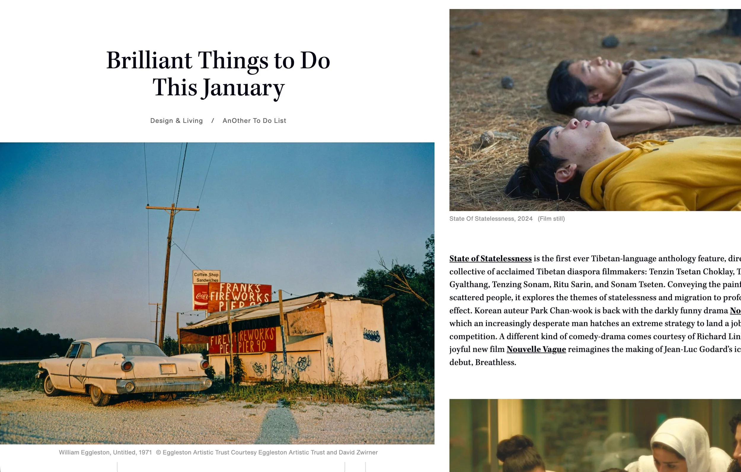 A scenic image of an old car parked in front of a weathered building with red signs advertising fireworks and food, set against a clear blue sky with a utility pole nearby.
