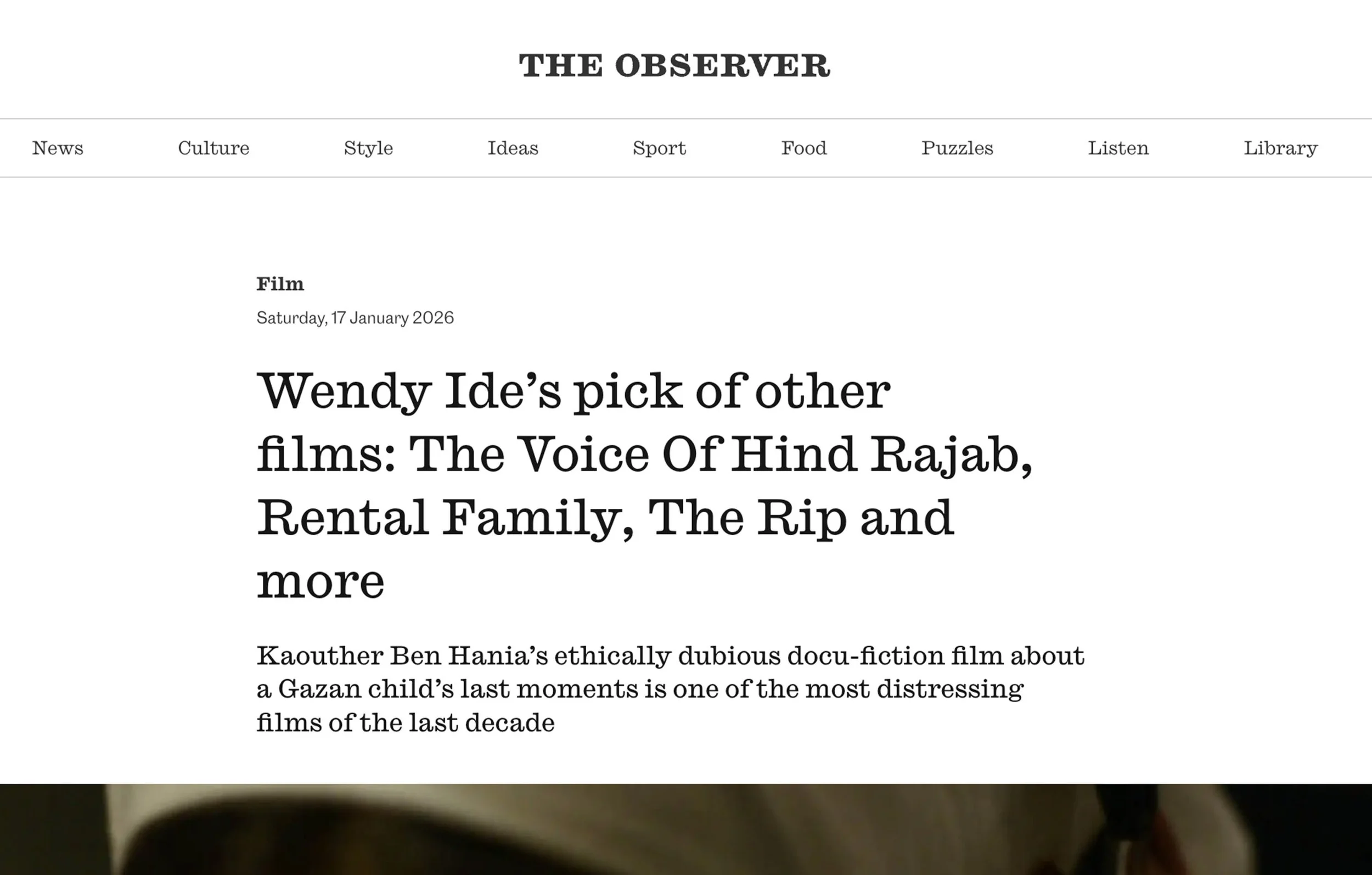 Screenshot of a webpage from The Observer with headlines about Wendy Ide's selected films, including The Voice of Hind Rajab, Rental Family, and The Rip, published on January 17, 2026.