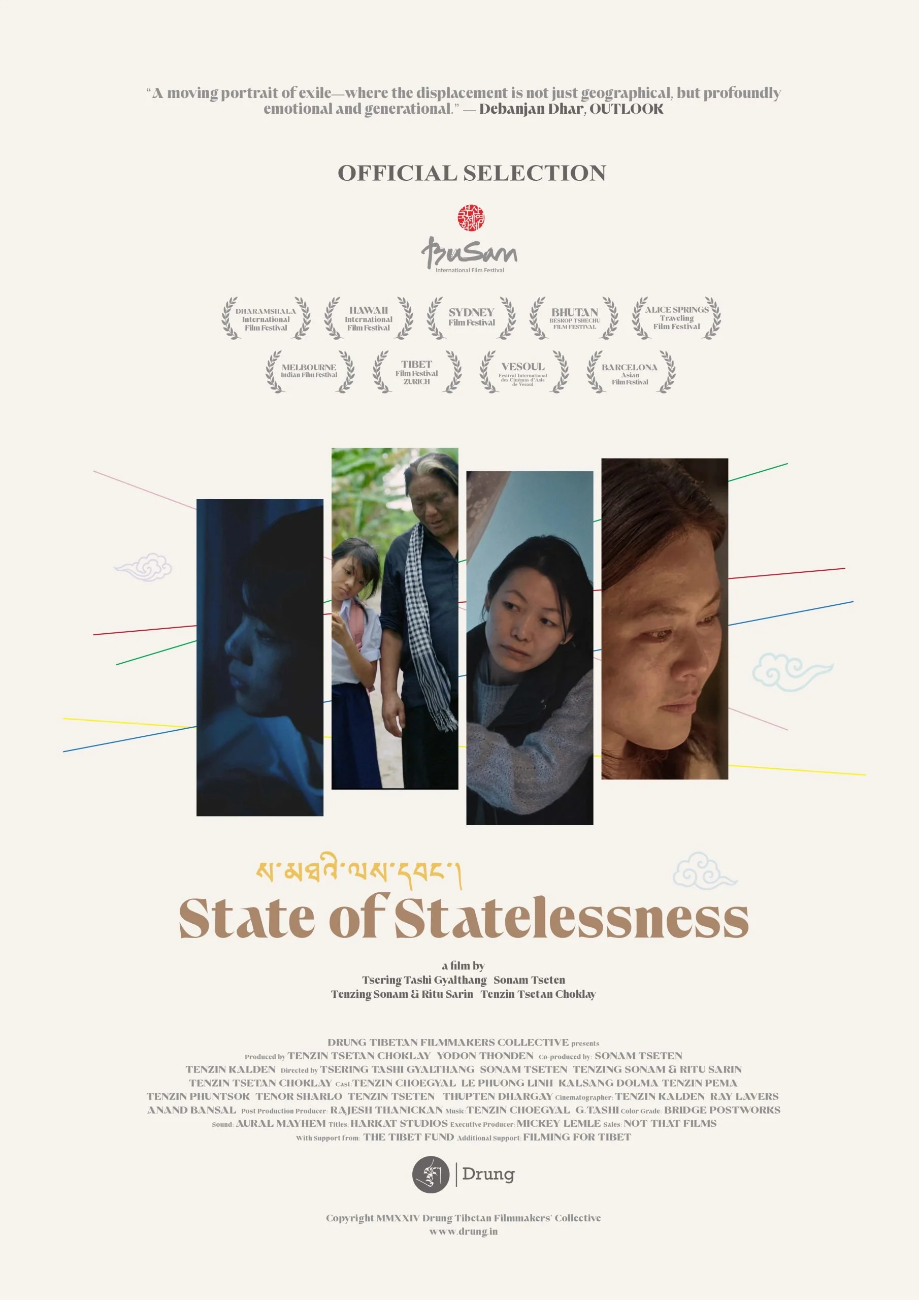 Poster for the film 'State of Statelessness' featuring four images of women and one of a girl with an adult, with film festival laurels at the top, and Tibetan script above the title.