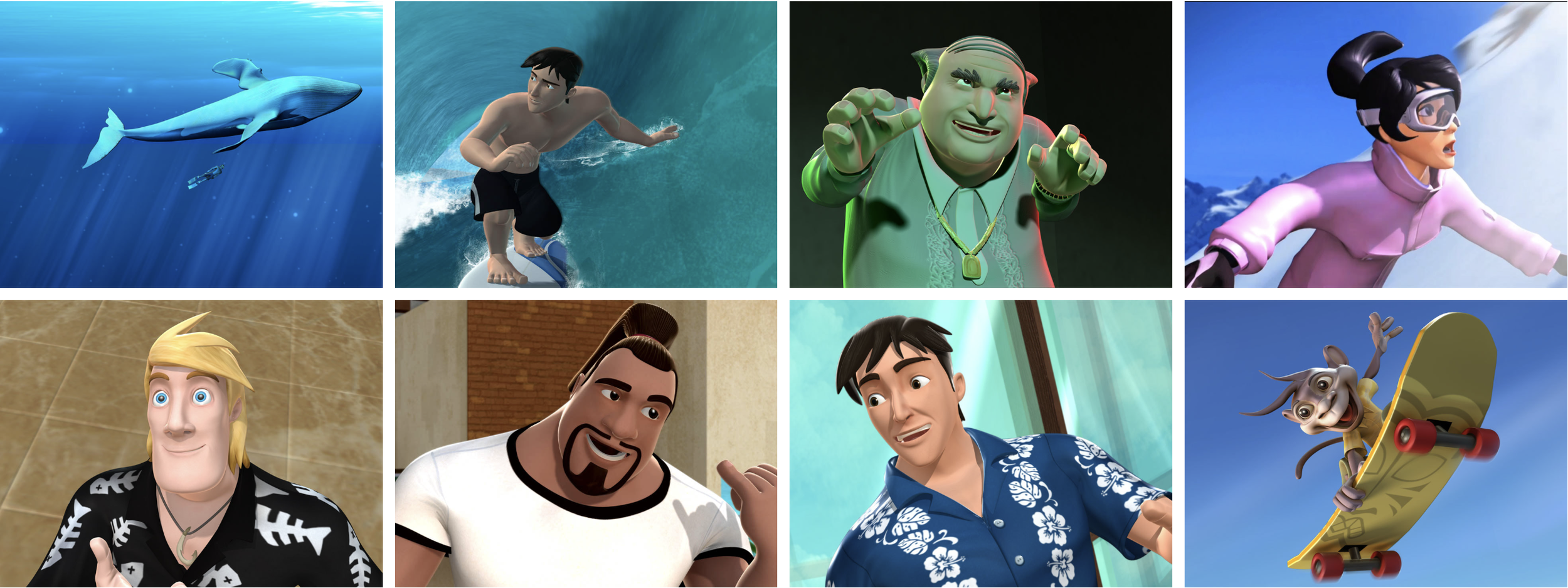 Collage of animated characters from the Rip Smart TV series pilot. Includes the lead character Rip Smart in hawaiian shirt, the vlllain Harry, and mascot monkey Poi.