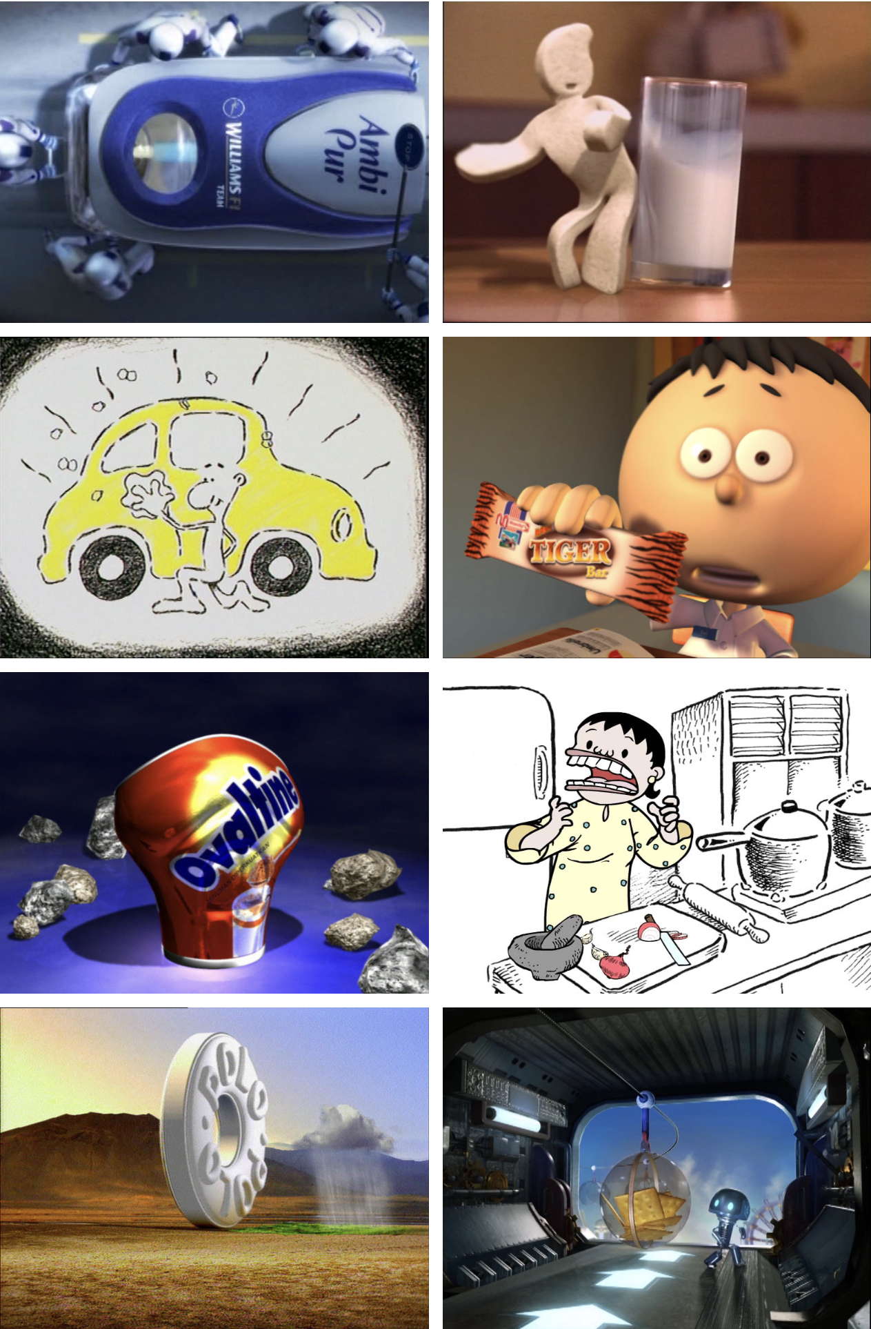 A grid of animated scenes including a space scene with a moon and space debris, a character in a kitchen, and a robot in a space station or laboratory.