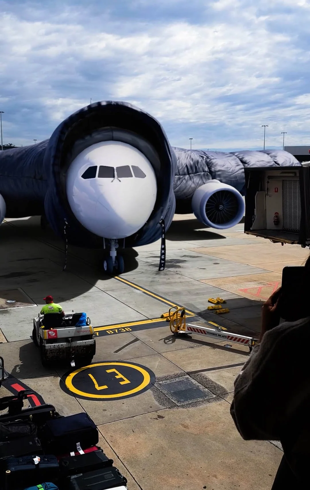 A passenger jet wearing a puffer jacket