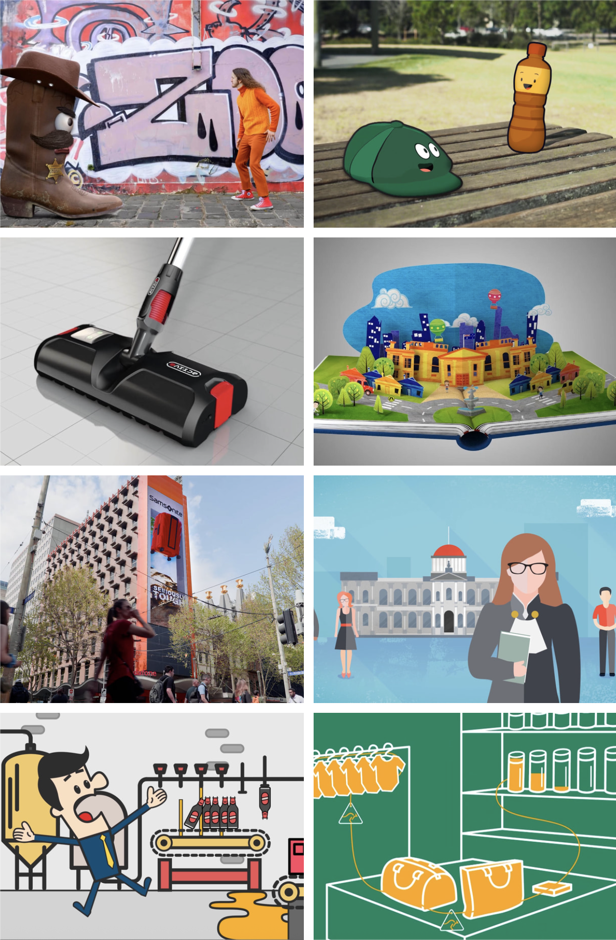 A grid of various animated scenes including a giant cowboy boot with a face, a person talking to animated plants, a vacuum cleaner, a colorful illustrated cityscape, and a busy city street with a 3D billboard.