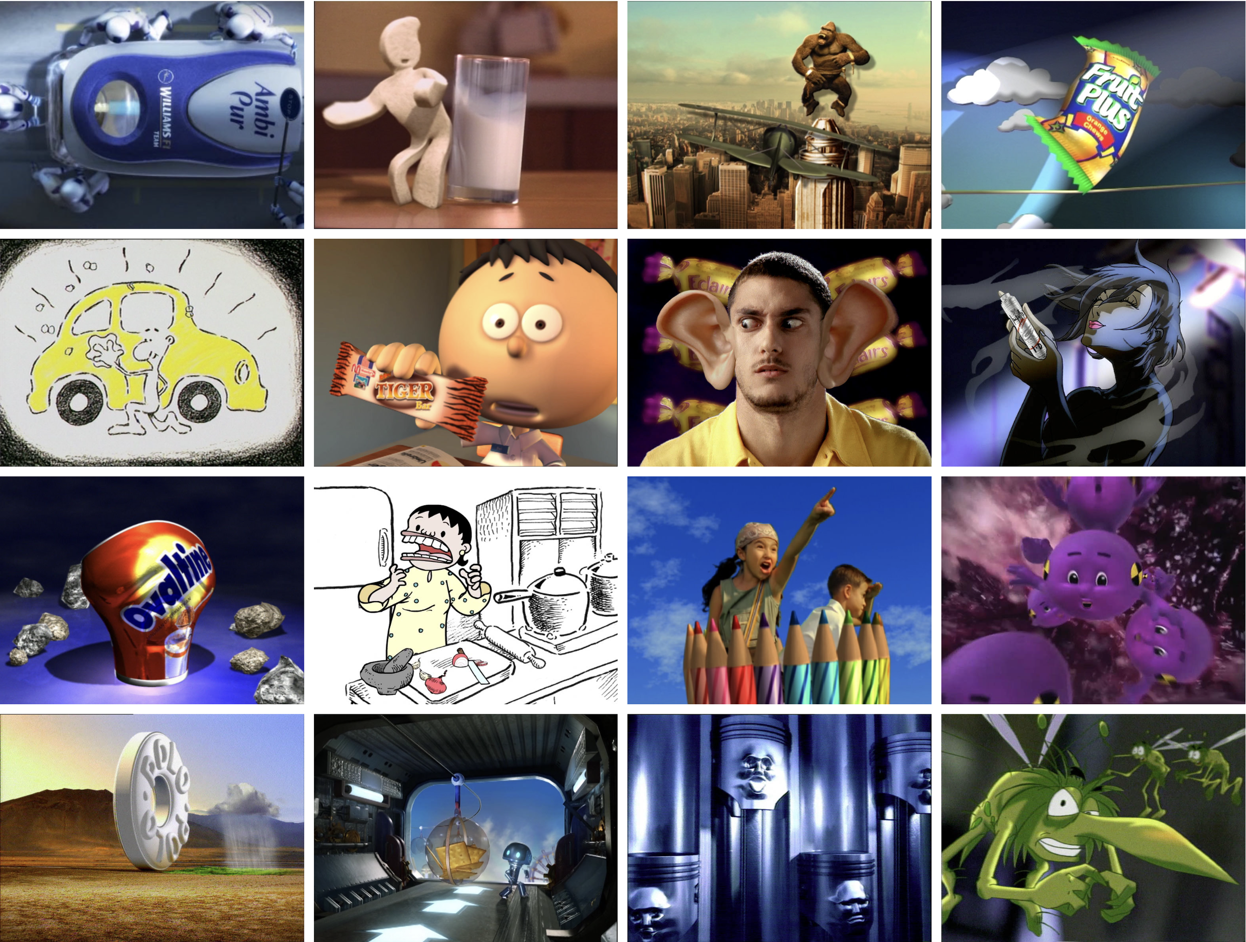 Collage of various animated scenes from a range of TV commercials frr brands such as Nestle, Ovaltine, Johnson, Raid and Polo mints.
