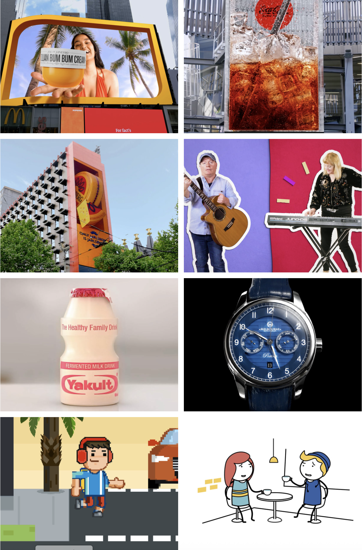 A  grid of images from animation productions including a tub of BUM BUM cream, a Coca-Cola advertisement on an outdoor billboard, a Yakult drink bottle, and two cartoon women having a conversation at a cafe.