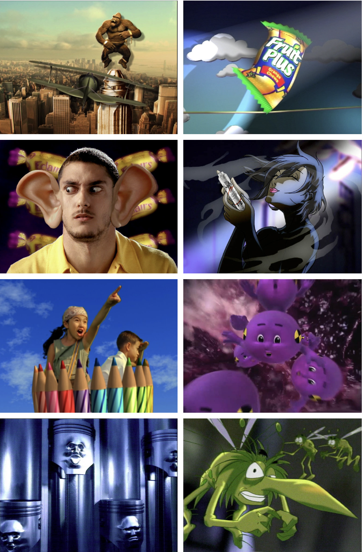 A grid of eight animation scenes images including a giant ape on a plane, a Fruit Plus candy bag flying in the sky, a man with large ears and candy behind him, a purple alien creatures floating in space and a cartoon mosquito.