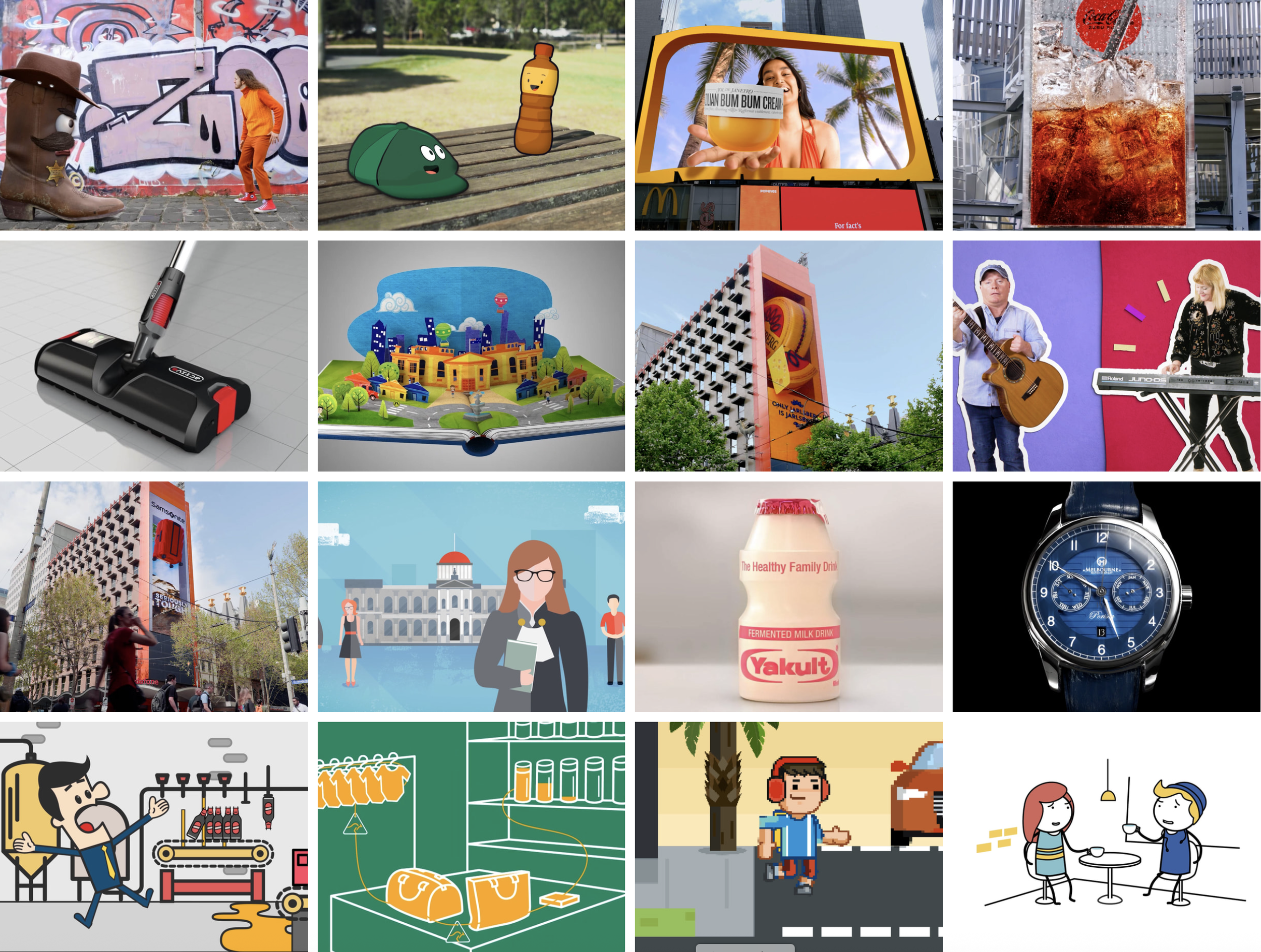 A collage of various scenes from animations. Including a range of animated character styles, and products.