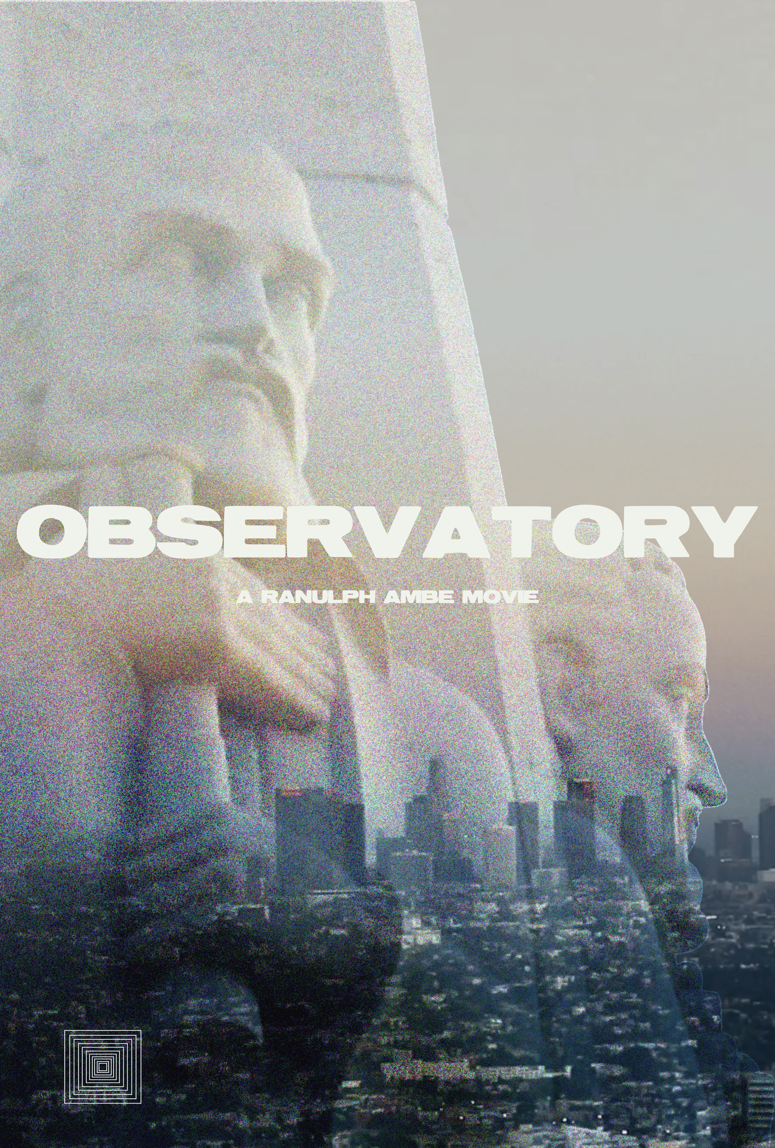 Poster for the documentary 'Observatory' featuring large images of a statue of a person resting their chin on their hand and a profile of another person's face, with a city skyline underneath.