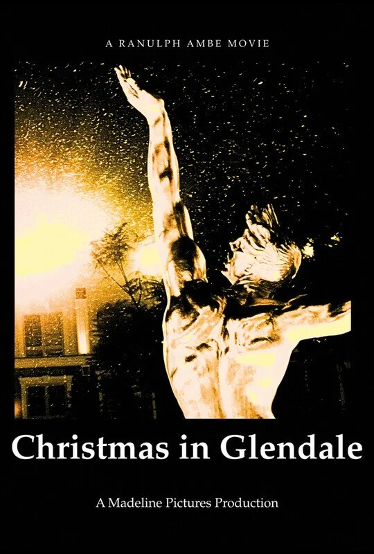 Movie poster for 'Christmas in Glendale' featuring a close-up of a sculpture of Jesus Christ on the cross with a cityscape and sunset in the background.