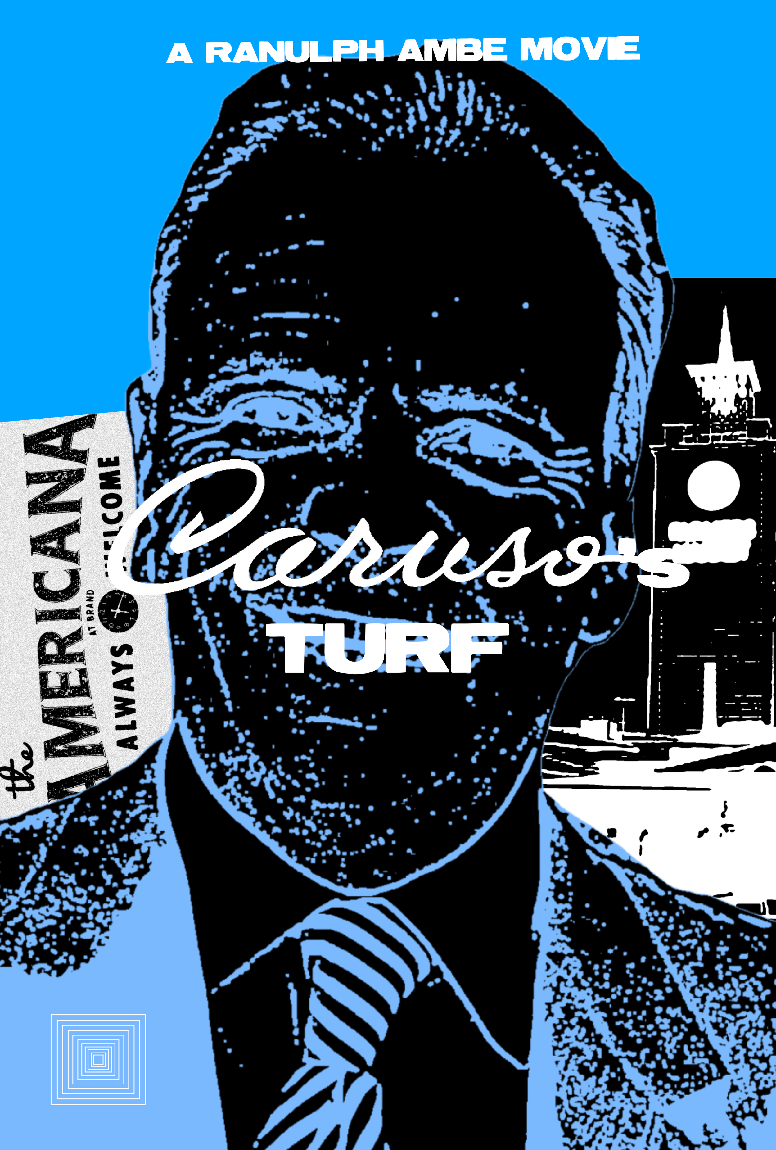 Stylized graphic poster for the movie "Curtis Turf" featuring a black and blue portrait of a man with glasses, smiling, wearing a suit and striped tie, set against a city skyline background with a lighthouse or tower, and text elements including "A R