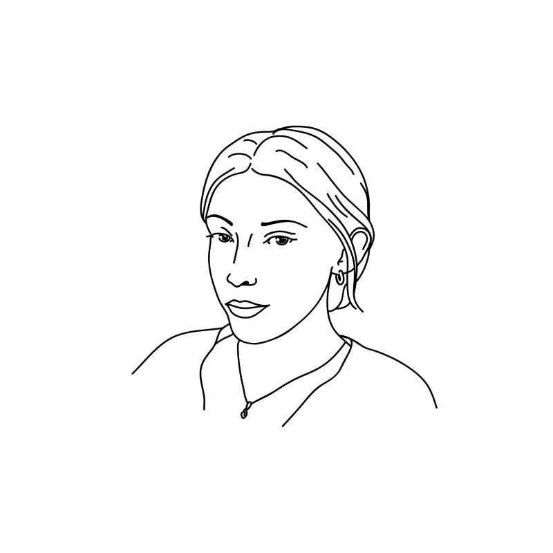 Line drawing of a woman with shoulder-length hair, wearing earrings and a necklace, facing slightly to the left.