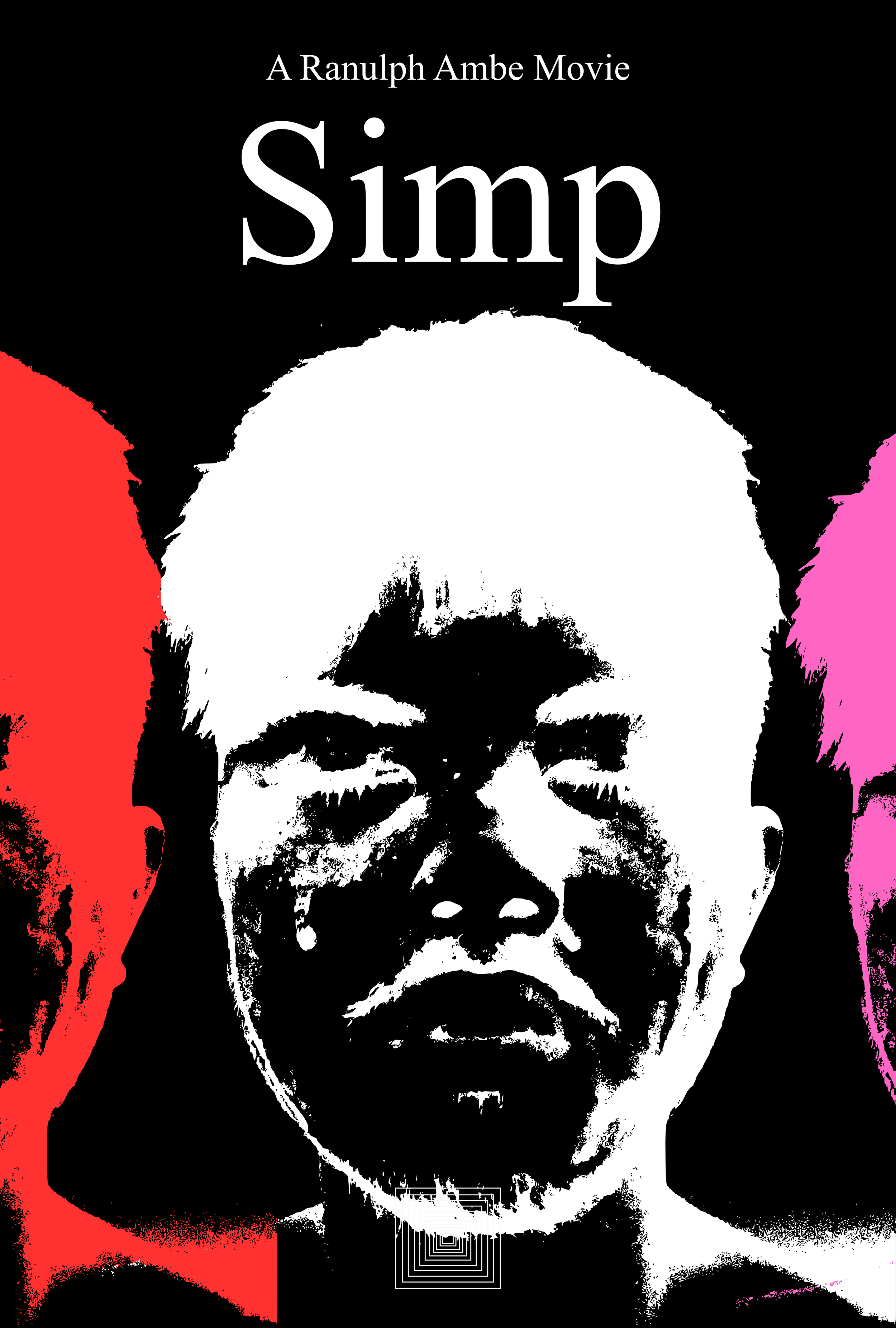 The cover of the movie 'Simp', directed by Ranjulp Ambe, featuring black and white stylized portraits of three characters, with the central character's face in the foreground and the title at the top.