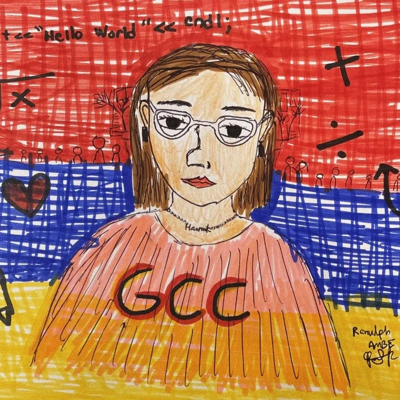 A colorful hand-drawn portrait of a young woman with glasses, brown hair, and a pink hoodie with 'GCC' written on it. The background features a tricolor of red, blue, and yellow with various doodles, including a heart and messages like 'Hello World' 