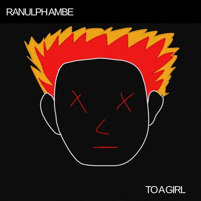 Minimalist digital illustration of a person's face with neon red hair, dark face with X's for eyes, and simple red line features for nose and mouth, on a black background. Contains text 'RANULPH AMBE' at the top and 'TOA GIRL' at the bottom right.