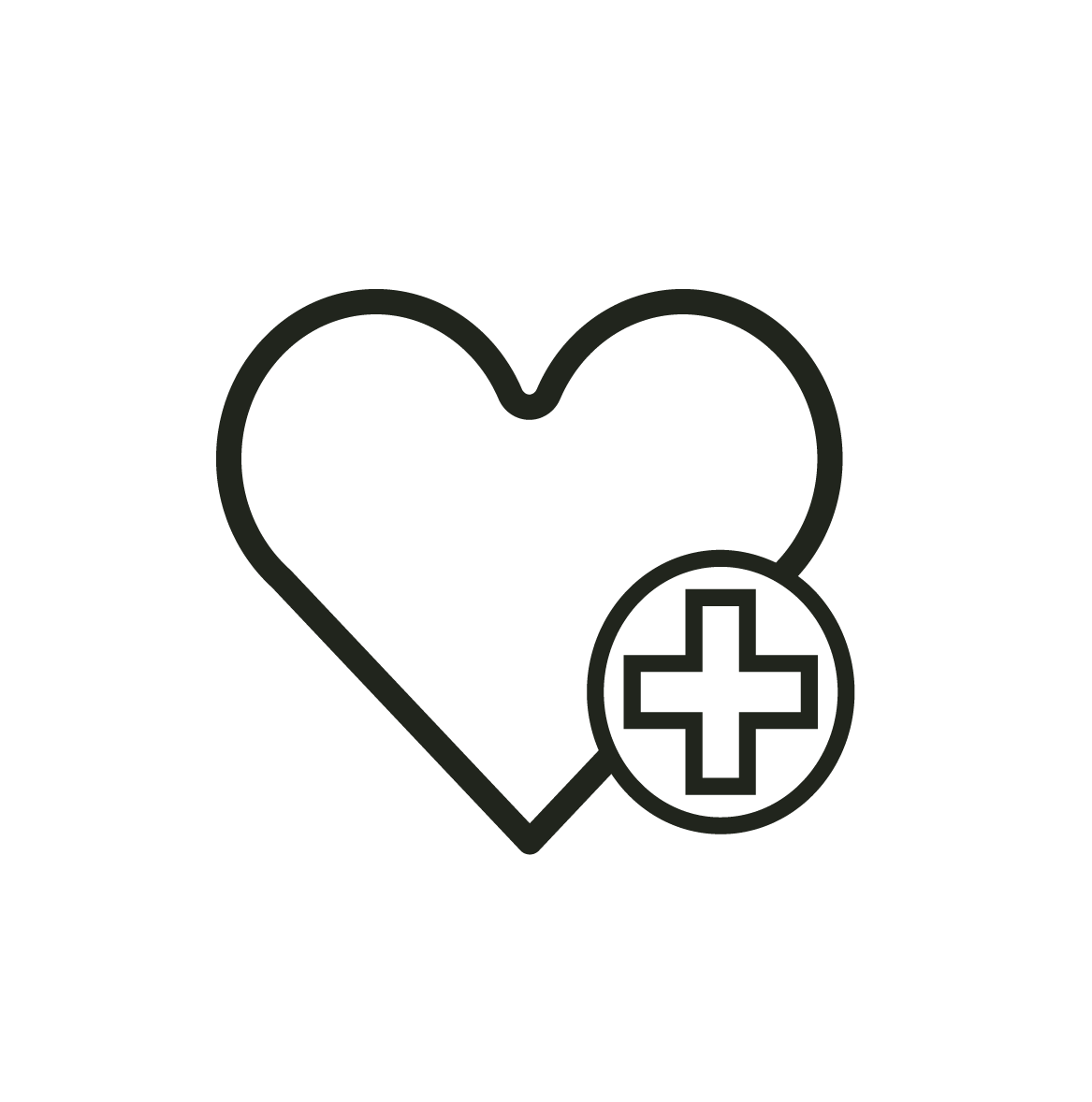Outline of a heart with a medical cross symbol inside a circle overlapping the lower right of the heart.