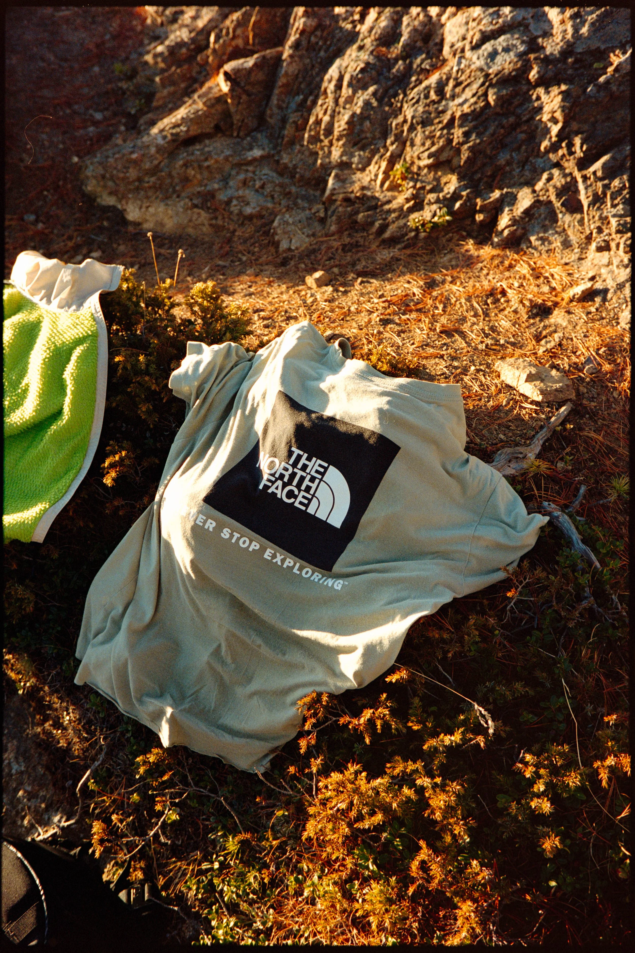 A crumpled beige The North Face jacket lying on rocky ground with small plants and dry grass.