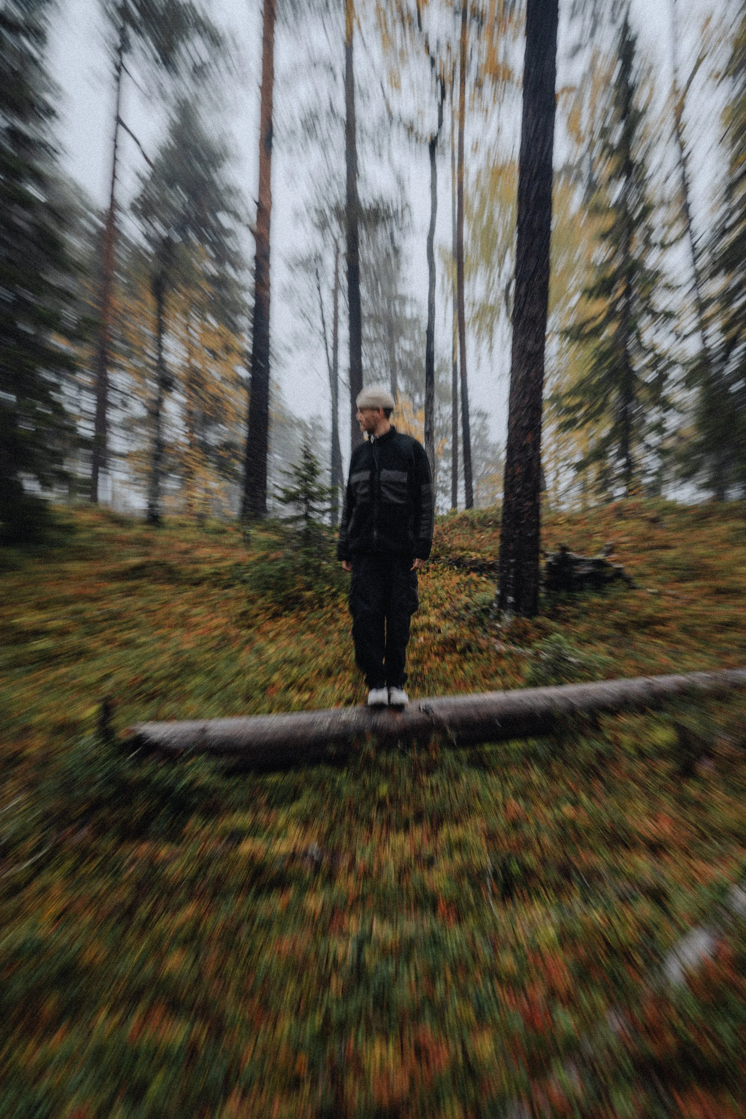 A person standing on a fallen log in a misty forest with tall trees and autumn-colored leaves.