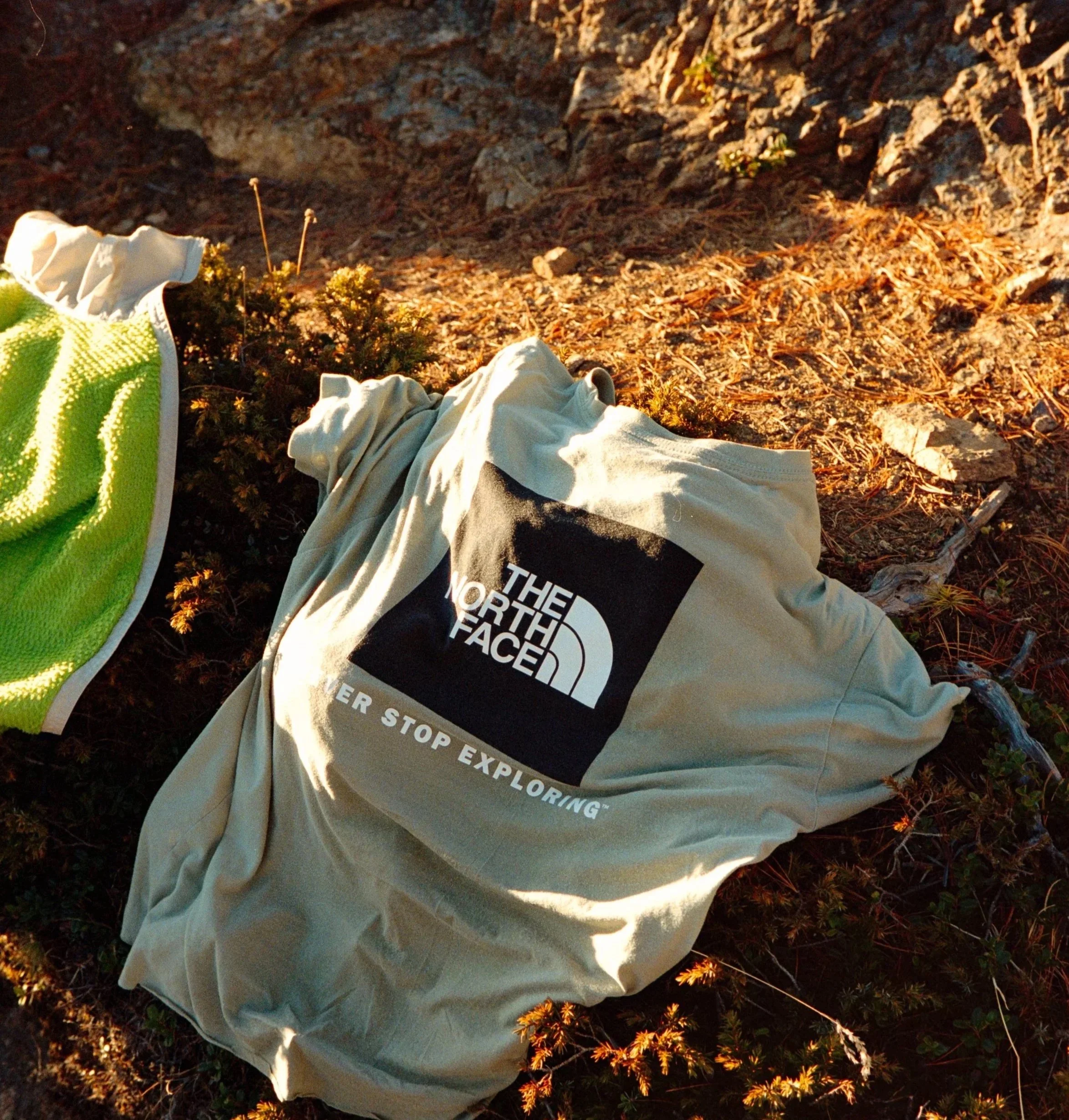 A beige T-shirt with The North Face logo and the phrase 'NEVER STOP EXPLORING' lying on the ground among small plants and rocks, with sunlight casting shadows.