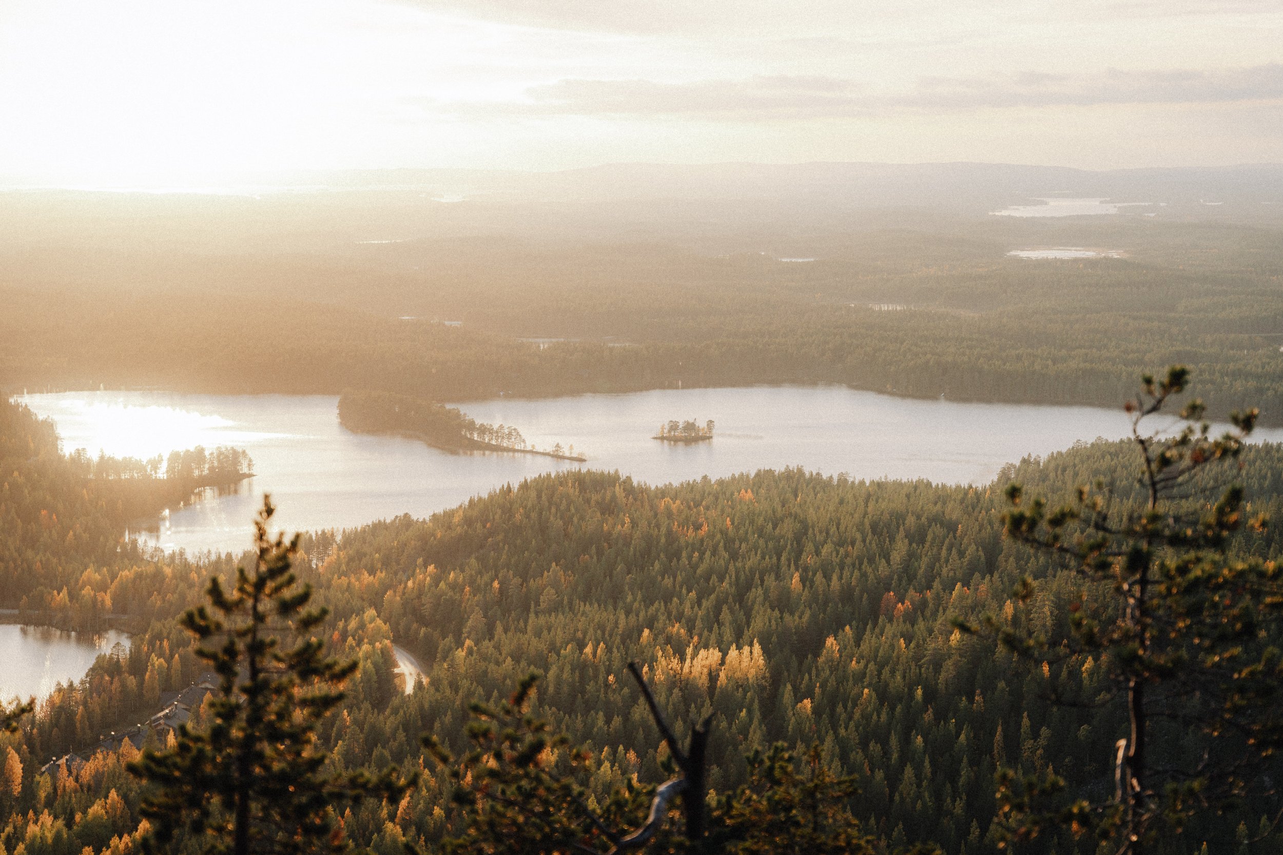 A scenic view of a lake surrounded by dense forest with trees displaying fall colors, taken from a high vantage point in the mountains during sunset or sunrise.