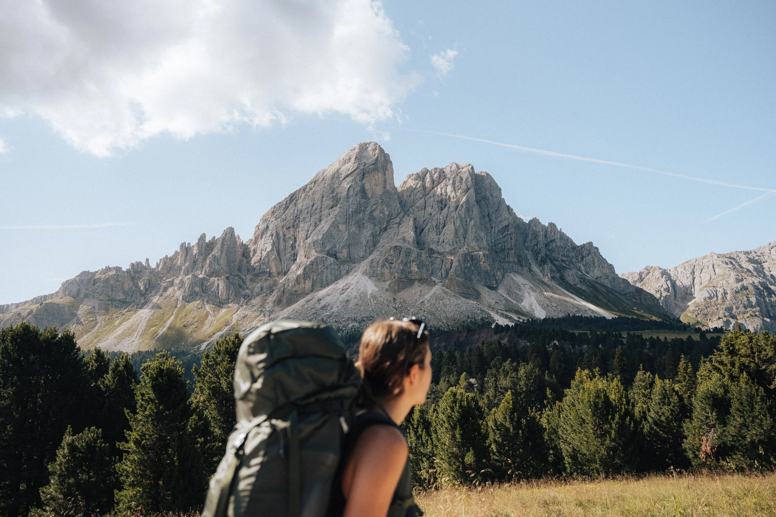 A woman with a backpack looking at mountains in a forested area under a blue sky.