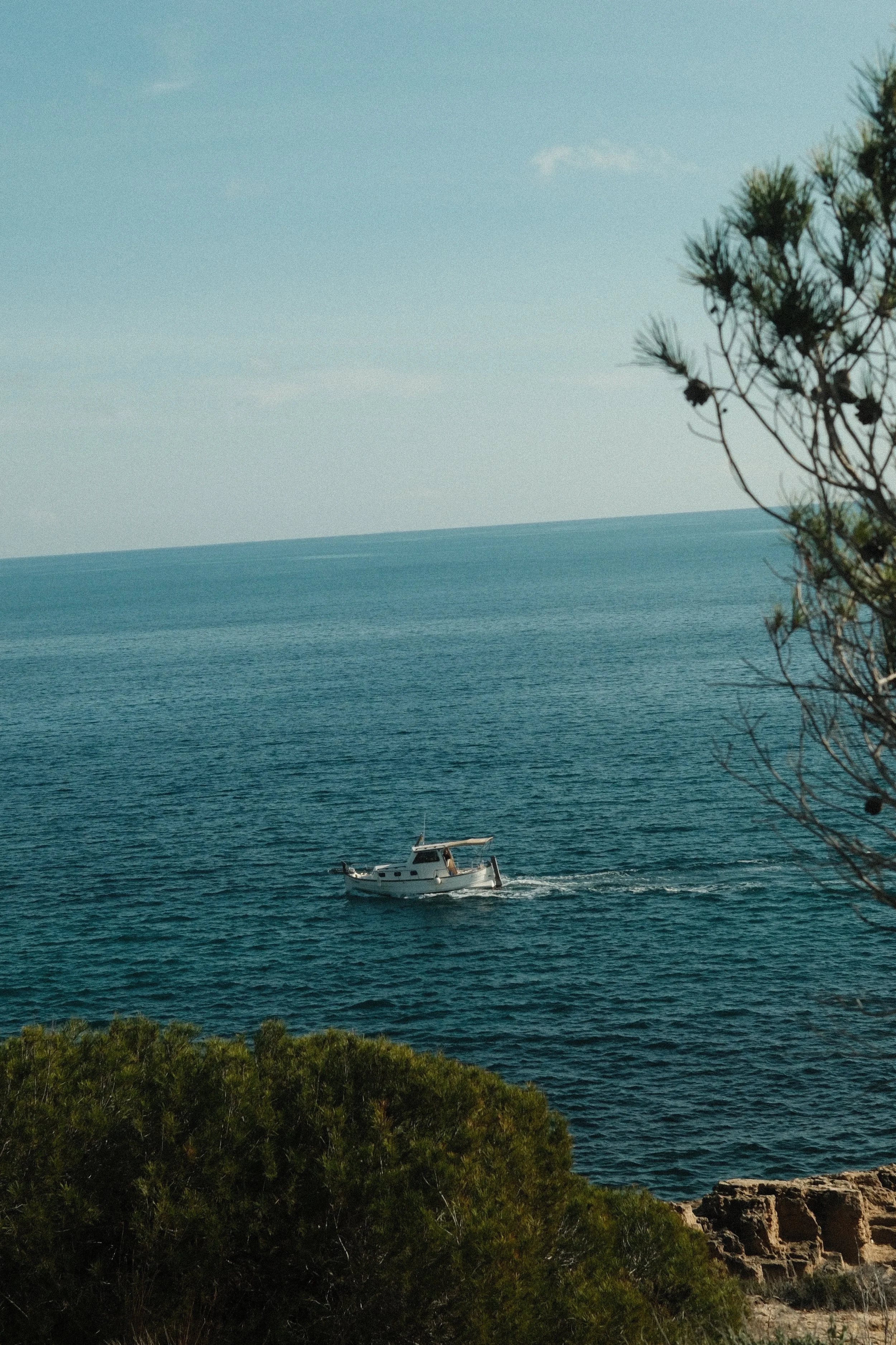 A boat sailing on a calm, blue ocean near a rocky shoreline with green bushes and trees in the foreground.