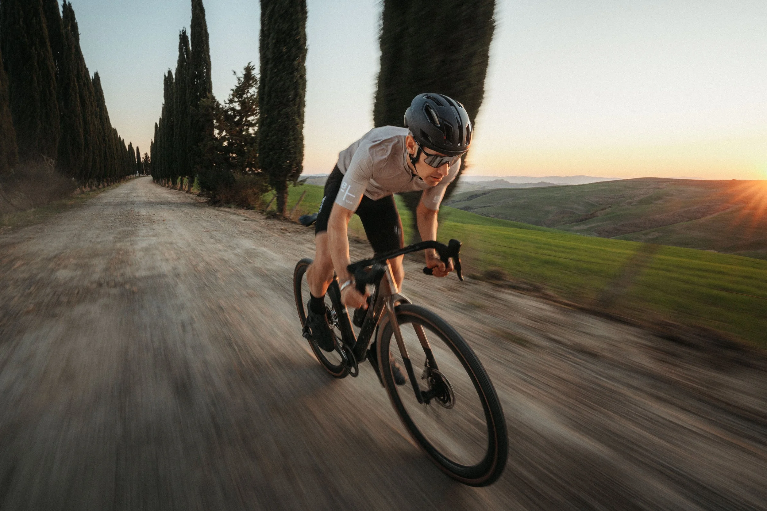 A person riding a bicycle on a dirt road lined with tall cypress trees during sunset.