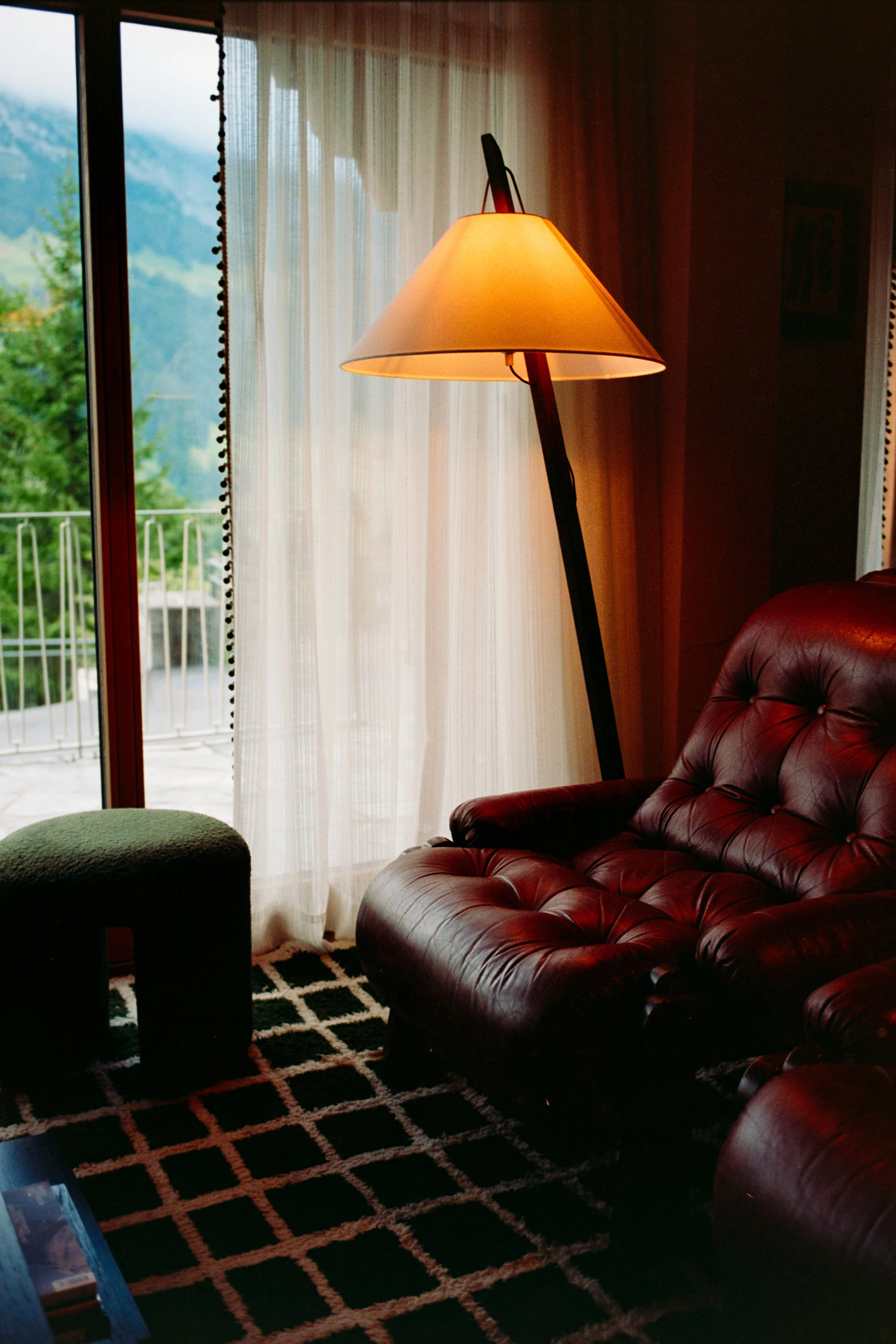 Indoor living room with a brown leather armchair, a modern floor lamp, and a sliding glass door with sheer curtains showing an outdoor view of trees and mountains.