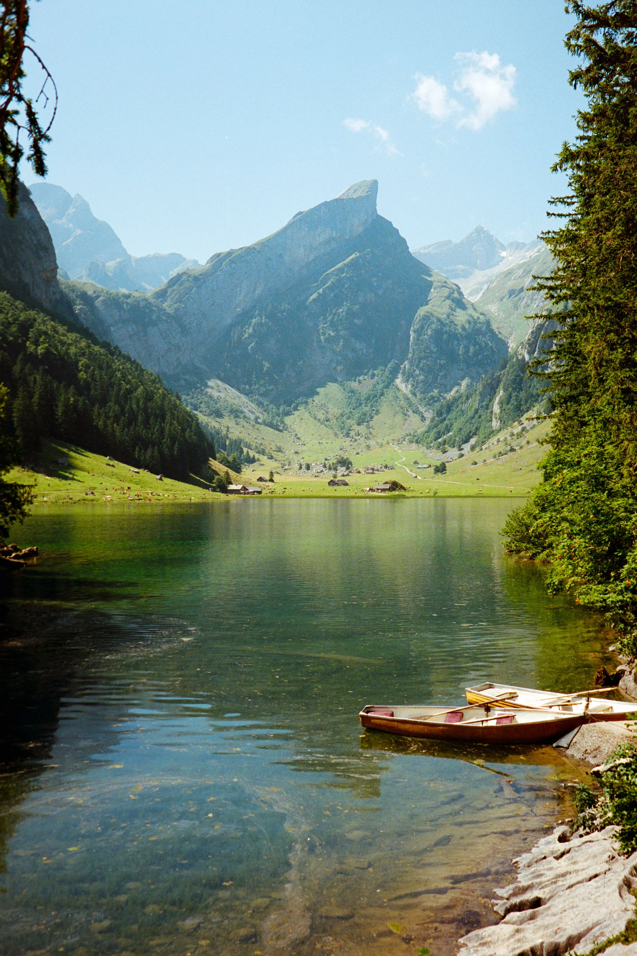 A serene lake surrounded by green trees and towering mountains with a clear blue sky.
