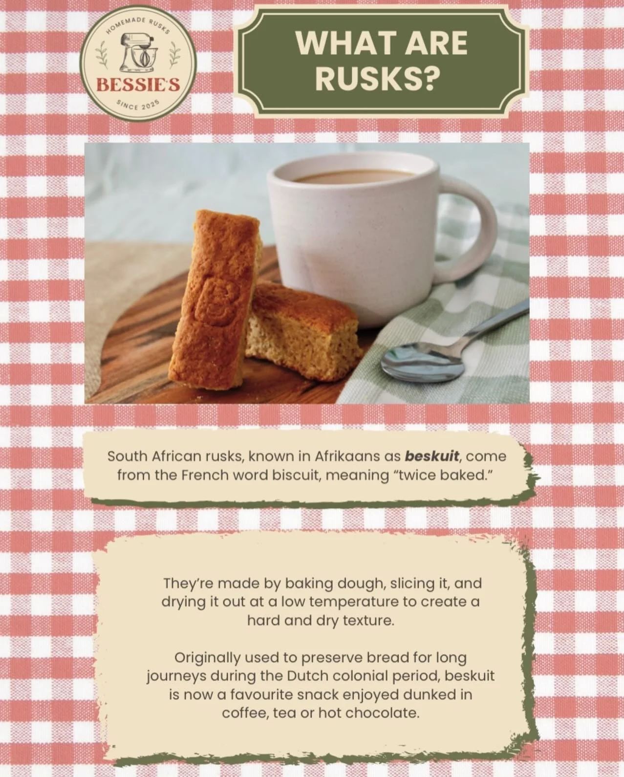 The rusks we sell are not the typical baby teething rusks that New Zealanders are familiar with. Our rusks (beskuit) are like a combination of a biscuit and biscotti 😊 a very common and widely loved staple food for South Africans 
-
-
-
#beskuit #ru