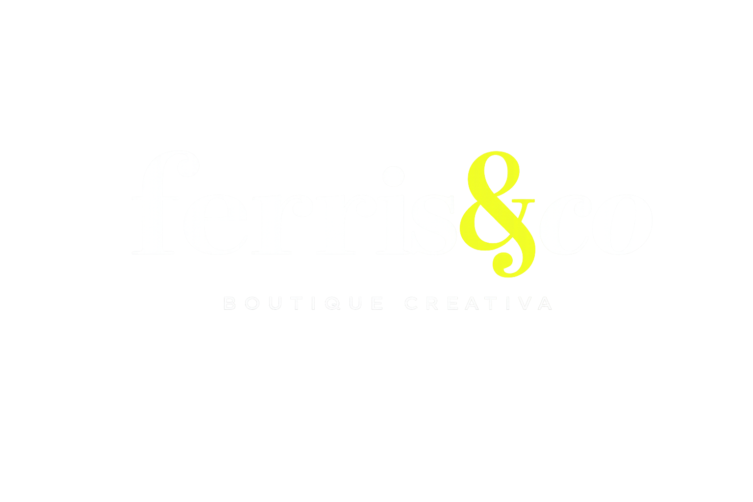 Logotipo con texto blanco y amarillo, que dice 'ferris&co' y debajo 'BOUTIQUE CREATIVA', en un fondo gris degradado.
