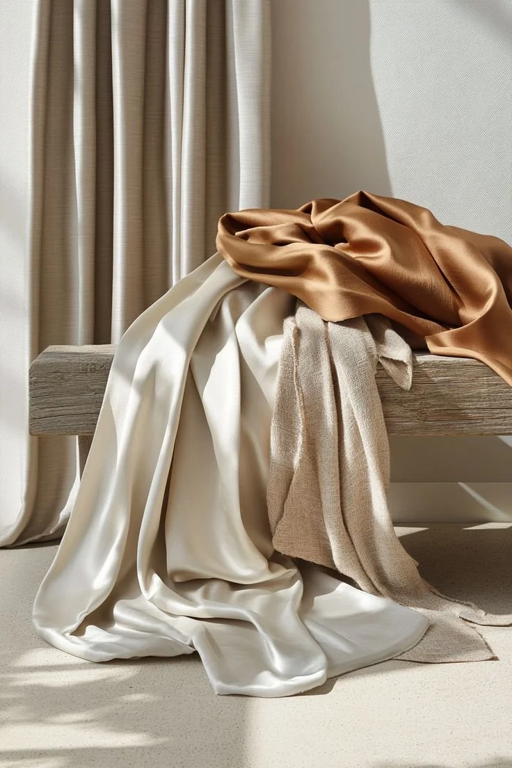 Various pieces of fabric, including satin, linen, and silk, draped over a wooden bench with beige curtains and a white wall in the background.