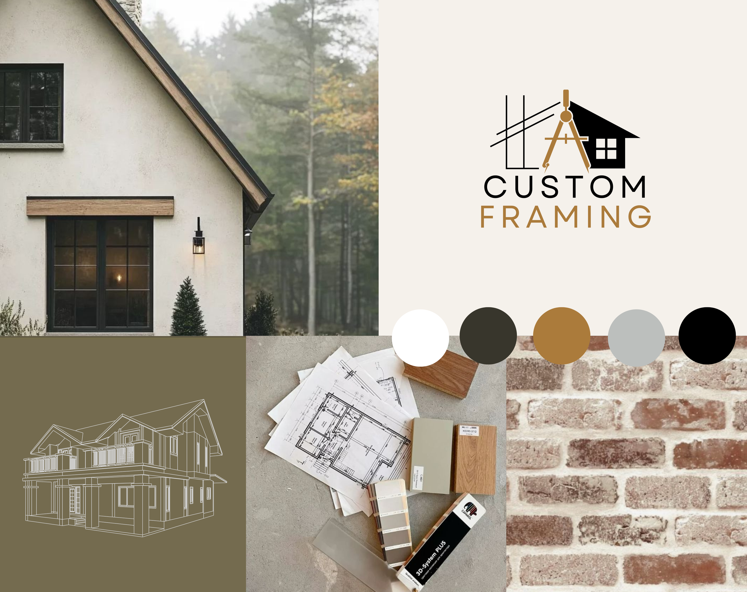 A collage showing a house exterior, architectural plans, sample materials, and a logo for 'Custom Framing' with a house and framing tools in the design.